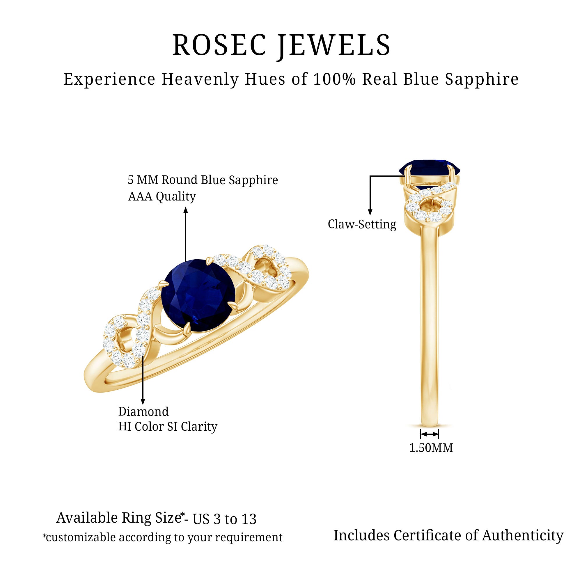 Real 0.9 Carat Blue Sapphire Infinity Promise Ring with Diamond AAA - Rosec Jewels