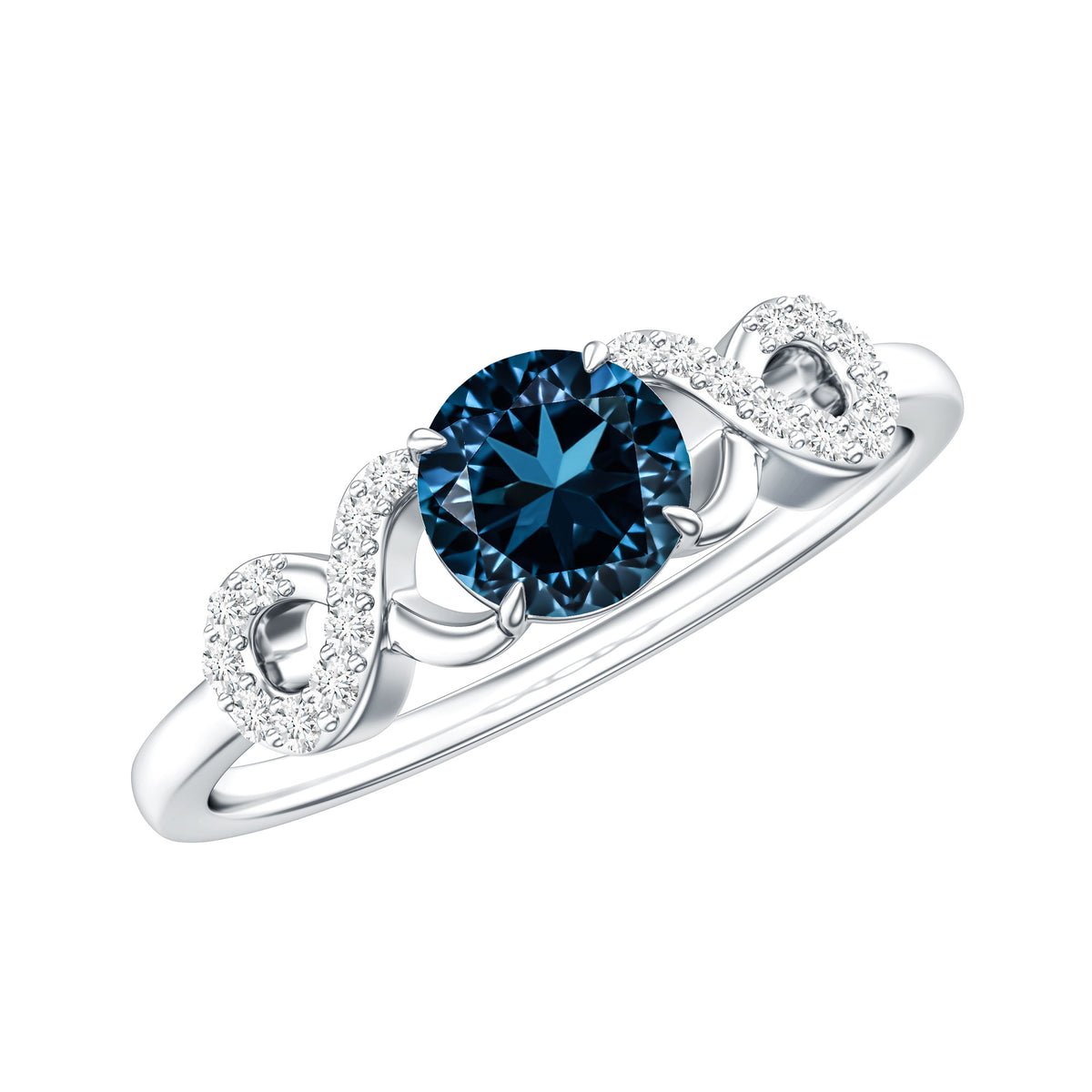 0.6 Carat Round London Blue Topaz Engagement Ring with Criss Cross Diamond AAA - Rosec Jewels