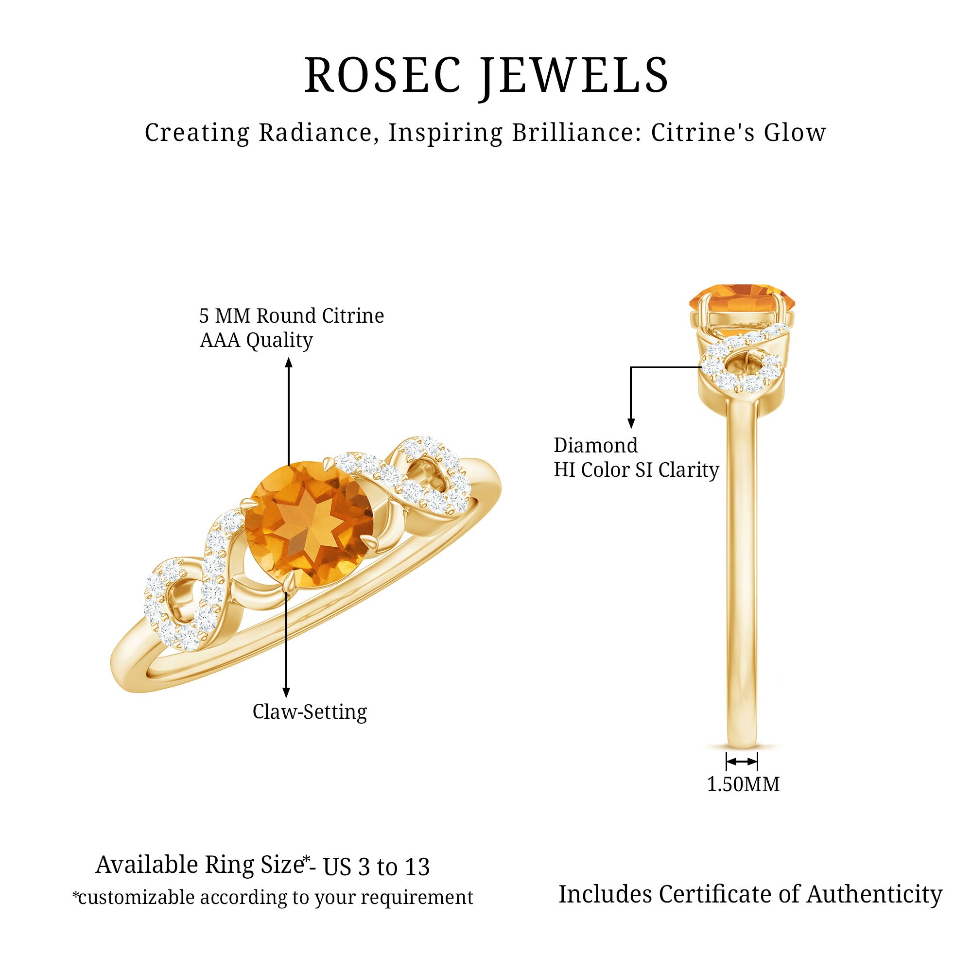 Certified Natural Citrine Infinity Promise Ring with Diamonds AAA - Rosec Jewels