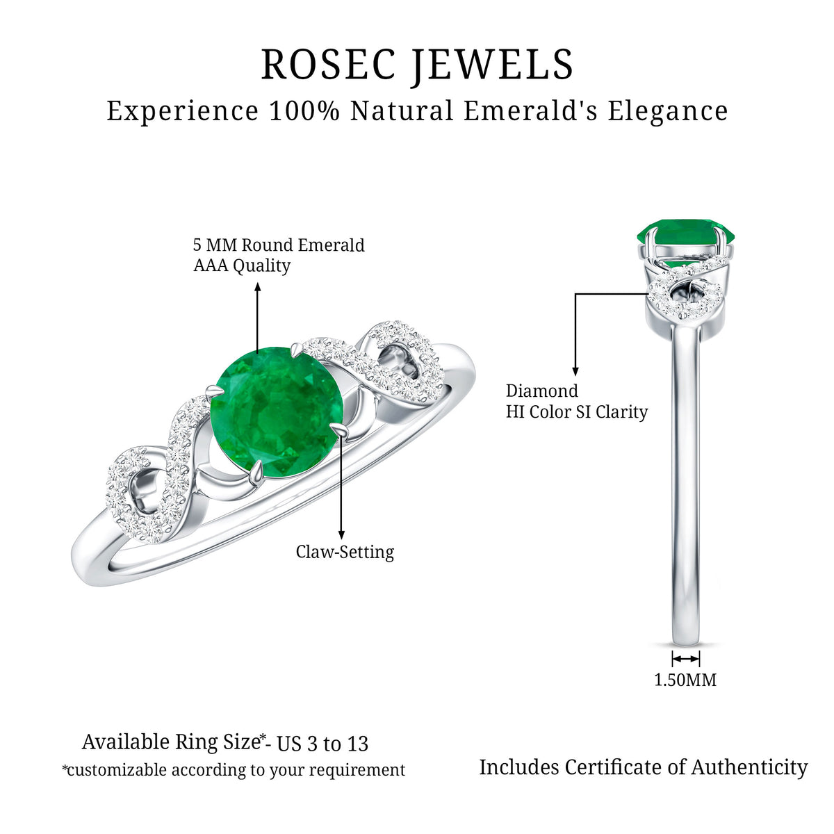 Real Emerald Diamond Promise Engagement Ring with Criss Cross Shank AAA - Rosec Jewels