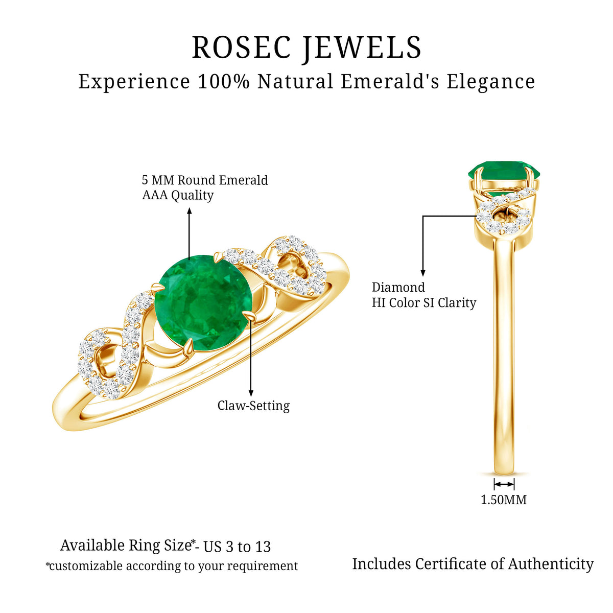 Real Emerald Diamond Promise Engagement Ring with Criss Cross Shank AAA - Rosec Jewels