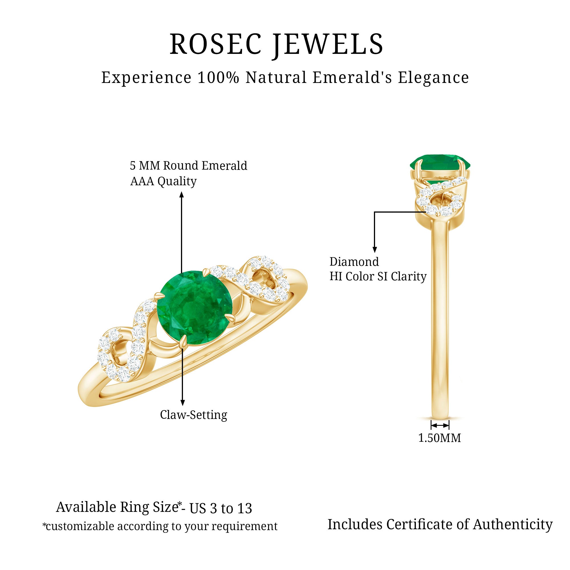 Rosec Jewels-Real Emerald Diamond Promise Engagement Ring with Criss Cross Shank
