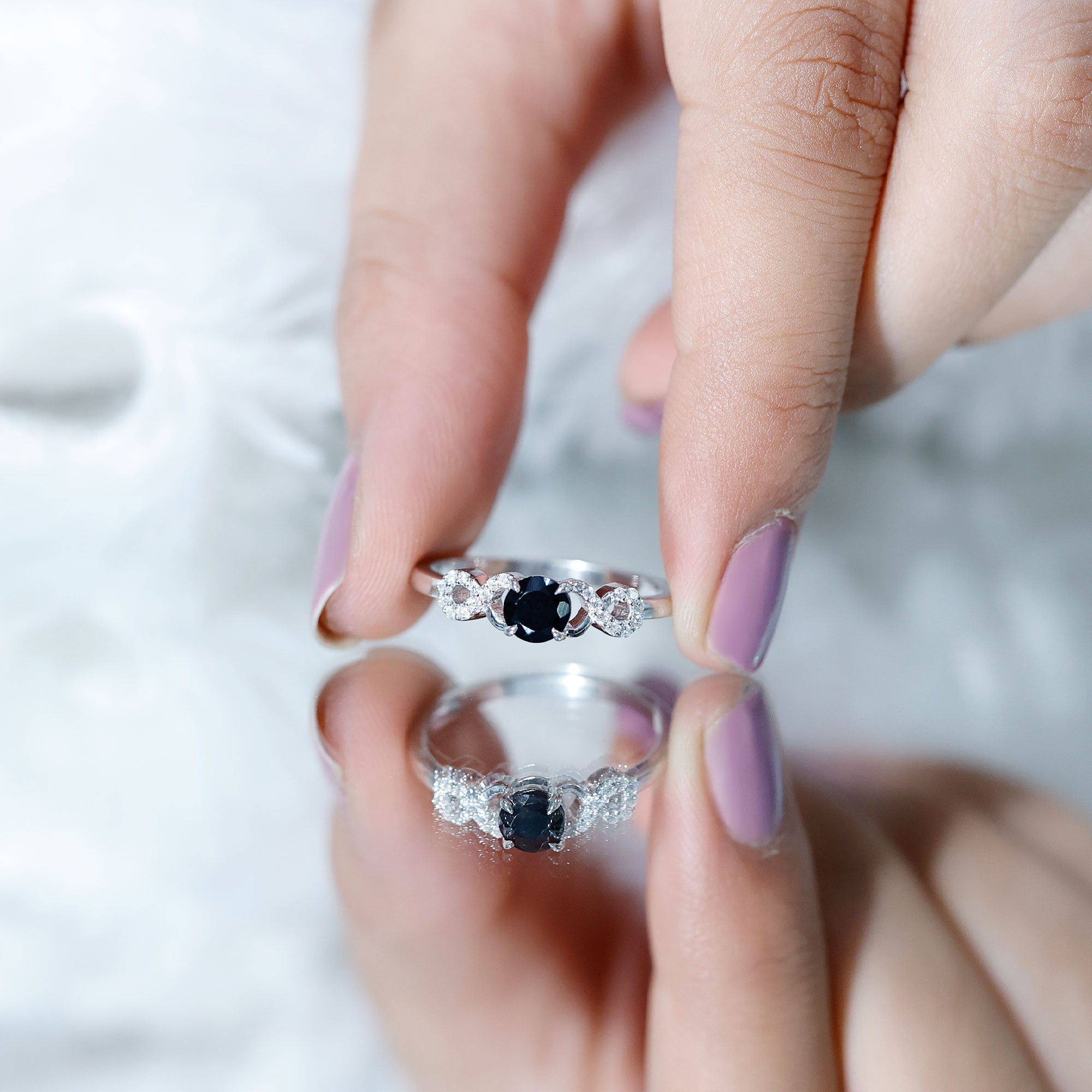 Certified 0.8 Carat Lab Grown Black and White Diamond Engagement Ring with Infinity Knot AAAA ( Synthetic ) - Rosec Jewels