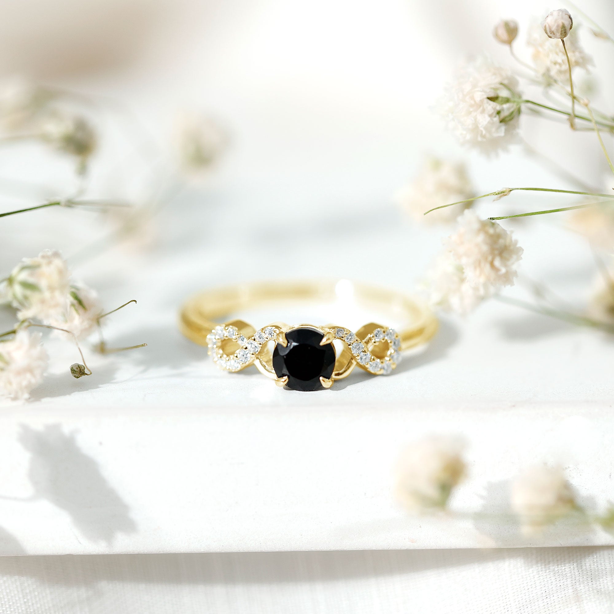 Certified 0.8 Carat Lab Grown Black and White Diamond Engagement Ring with Infinity Knot AAAA ( Synthetic ) - Rosec Jewels