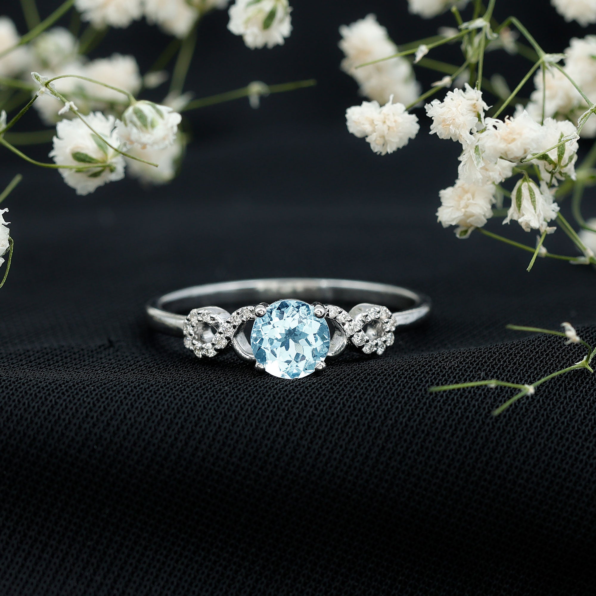 Rosec Jewels-Round Shape Aquamarine and Diamond Infinity Engagement Ring