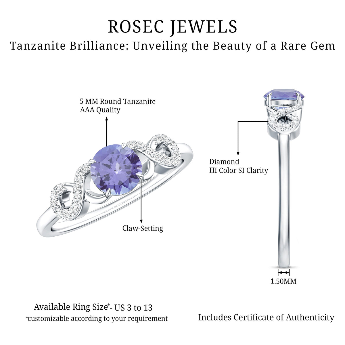 Natural Tanzanite Promise Ring with Diamond Infinity Knot AAA - Rosec Jewels