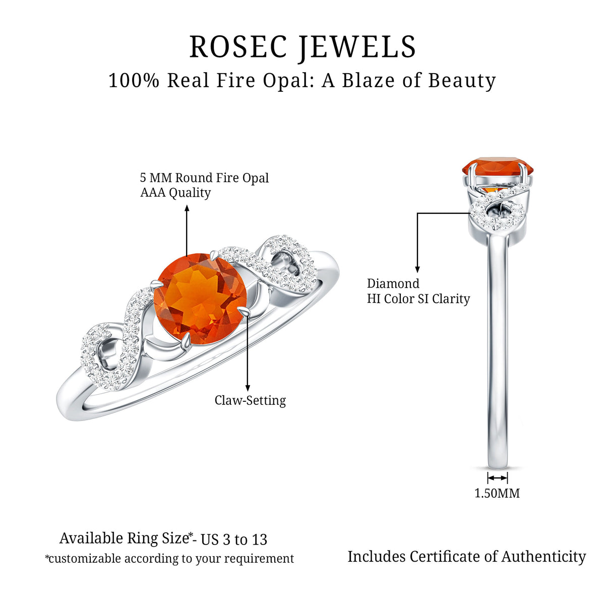 Round Shape Solitaire Fire Opal Infinity Engagement Ring with Diamond AAA - Rosec Jewels