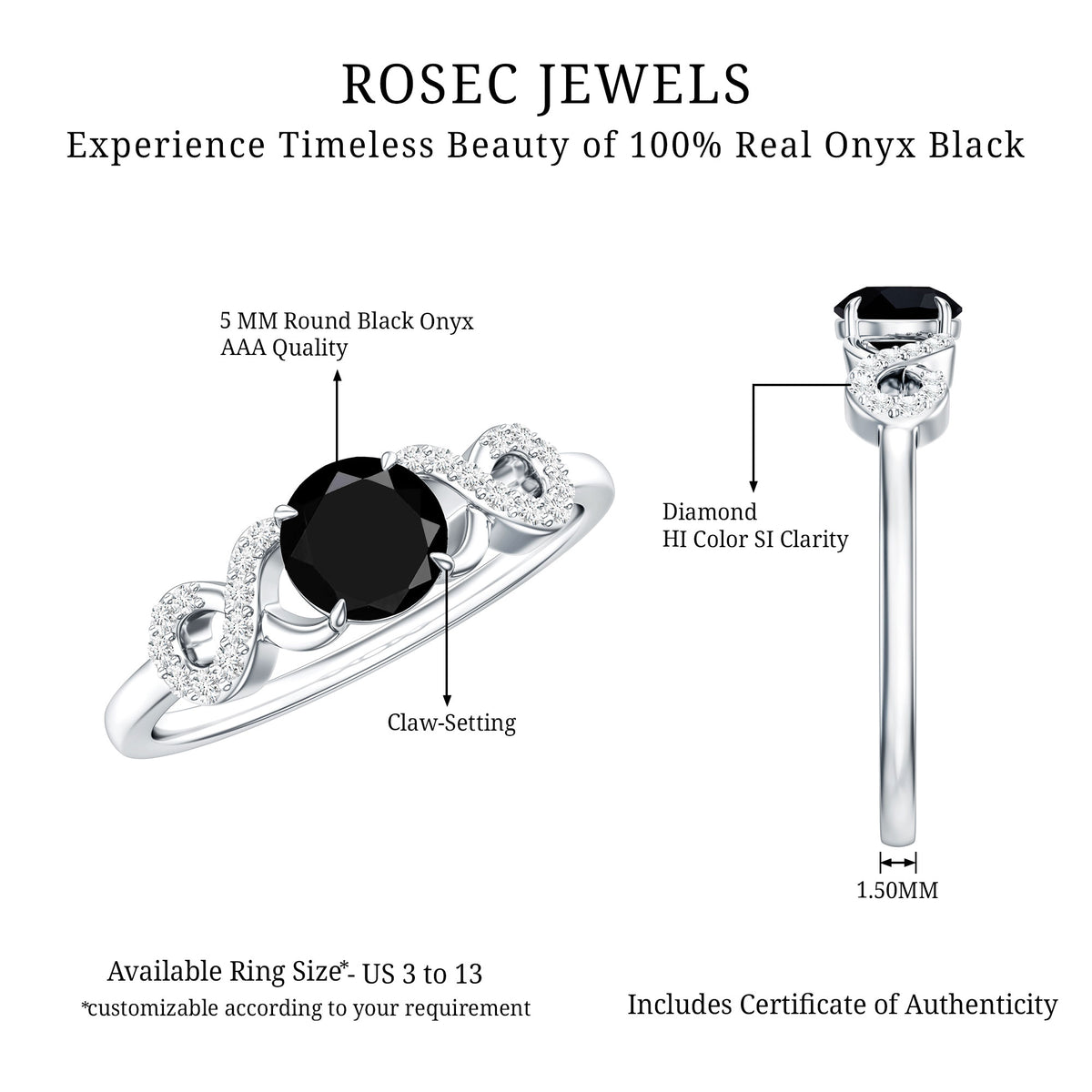 0.45 Carat Black Onyx and Diamond Criss Cross Engagement Ring AAA - Rosec Jewels