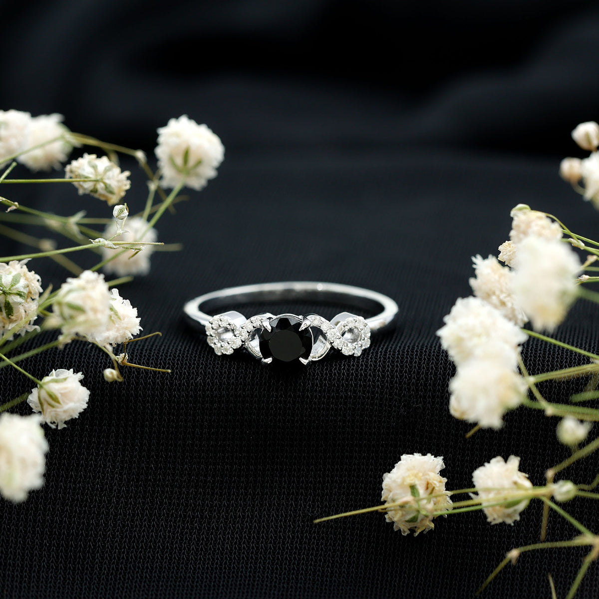 0.45 Carat Black Onyx and Diamond Criss Cross Engagement Ring AAA - Rosec Jewels