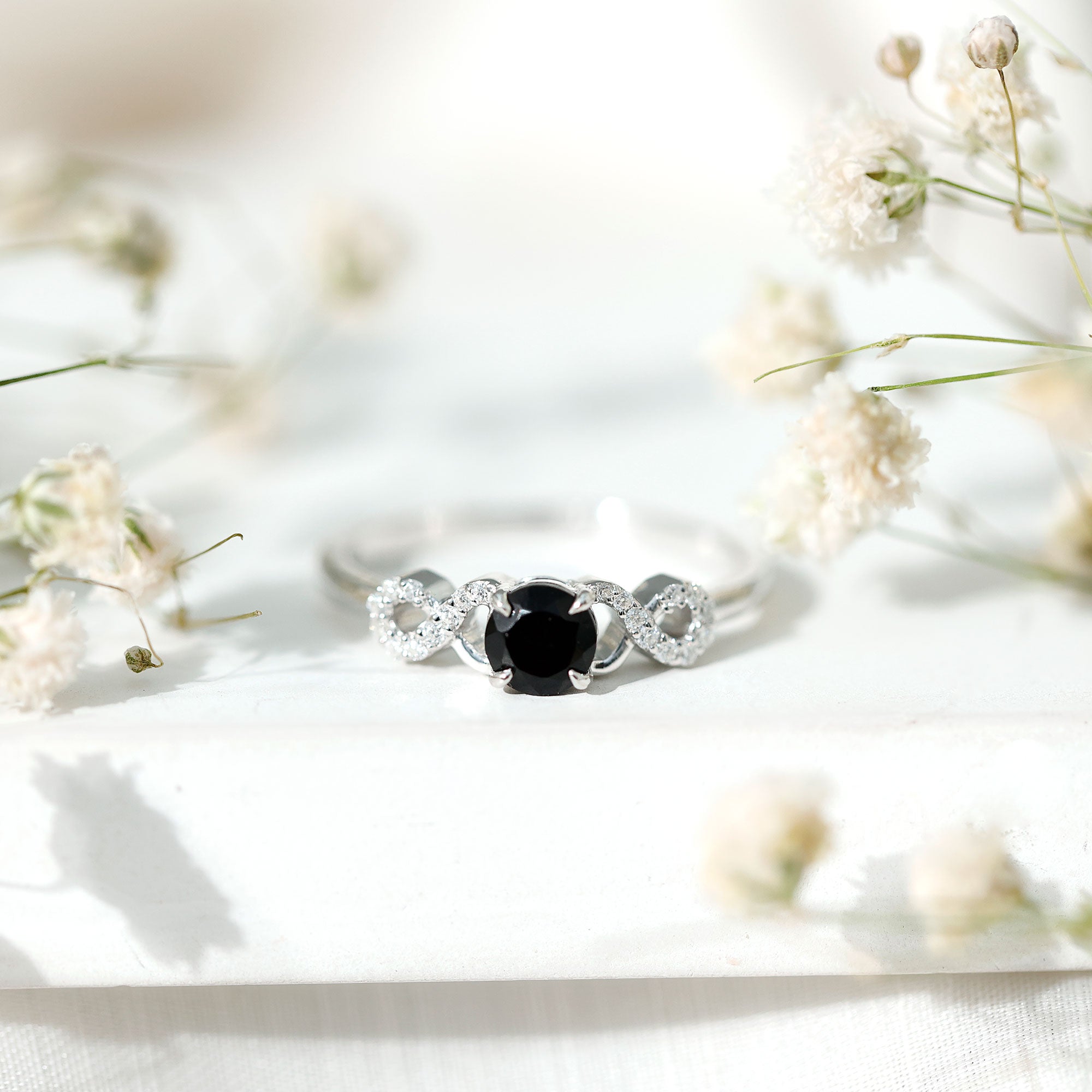 Rosec Jewels-Natural Black Spinel Promise Ring with Diamond Infinity Knot
