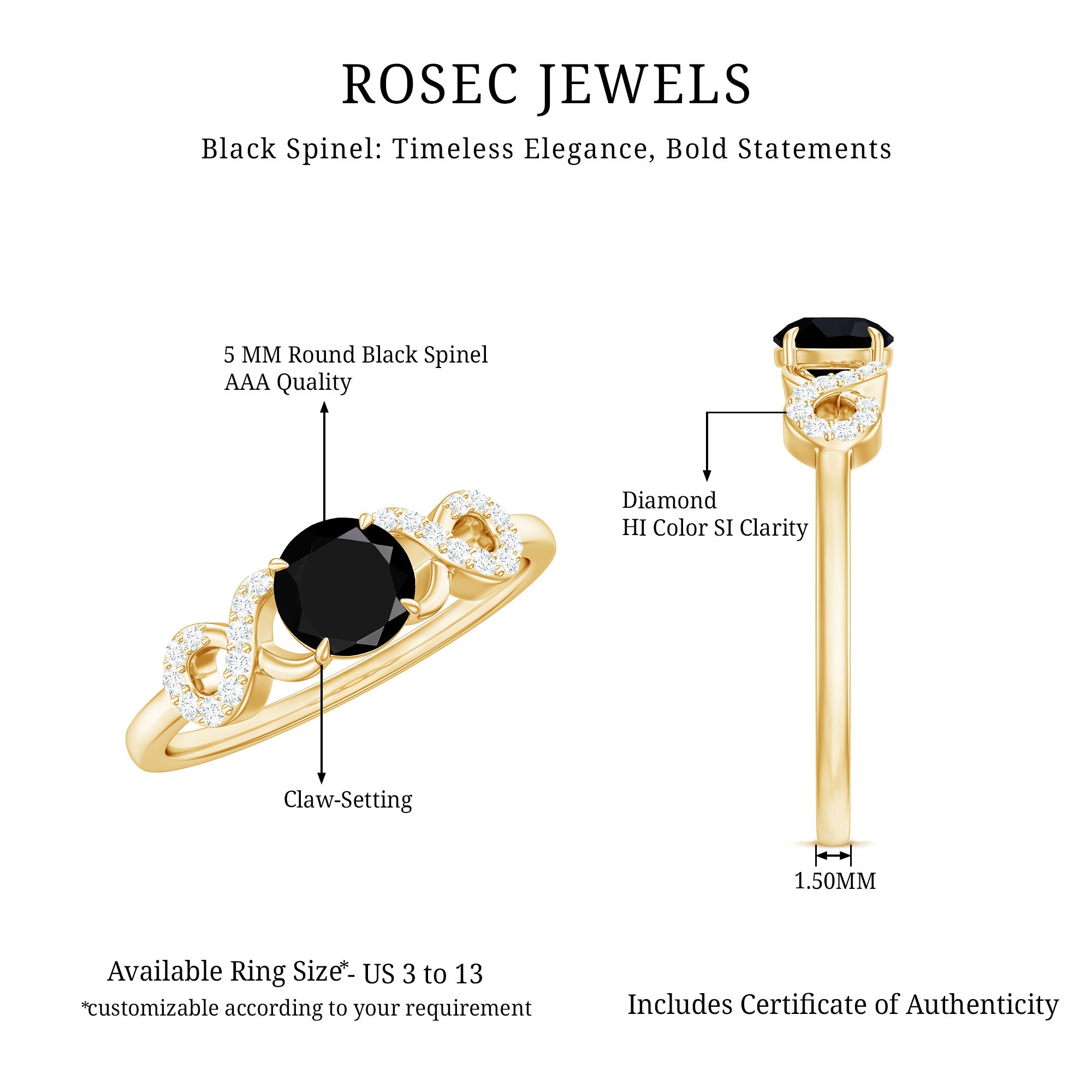 Rosec Jewels-Natural Black Spinel Promise Ring with Diamond Infinity Knot