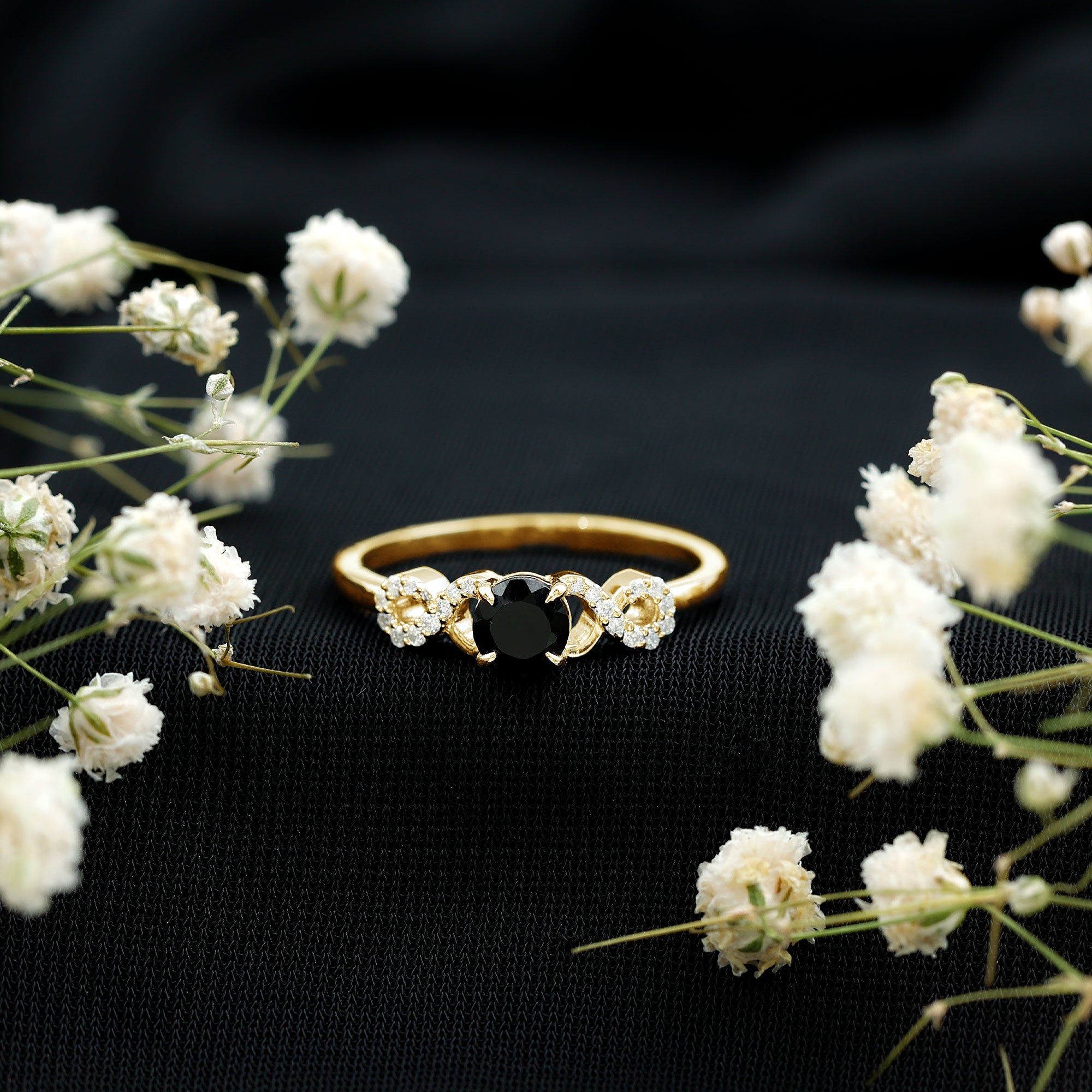 Rosec Jewels-Natural Black Spinel Promise Ring with Diamond Infinity Knot