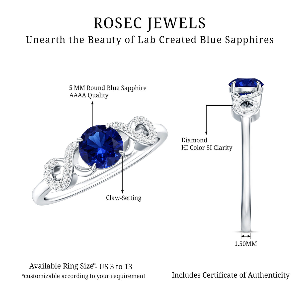 Certified 0.6 Carat Lab Grown Blue Sapphire Engagement Ring with Diamond Infinity Knot AAAA - Rosec Jewels