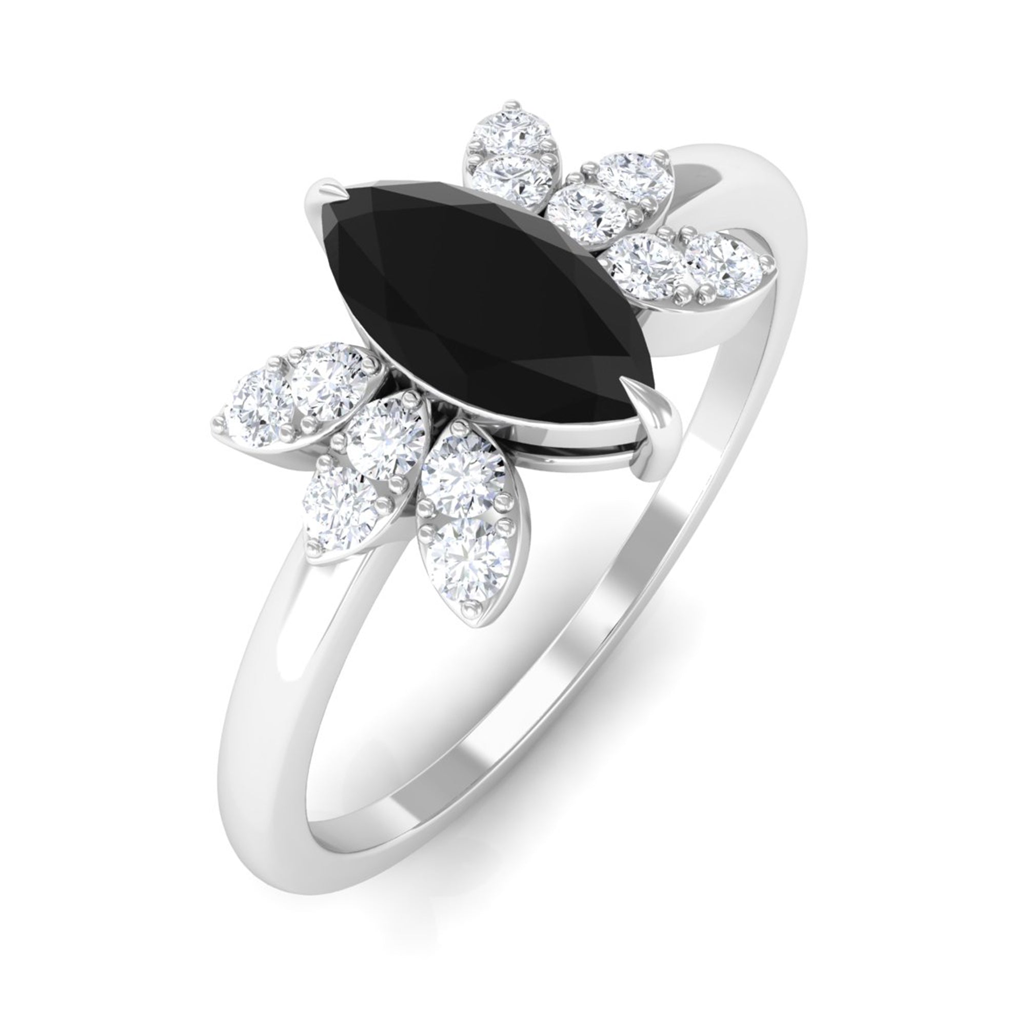 1 CT Claw Set Marquise Black Spinel and Diamond Promise Ring AAA - Rosec Jewels