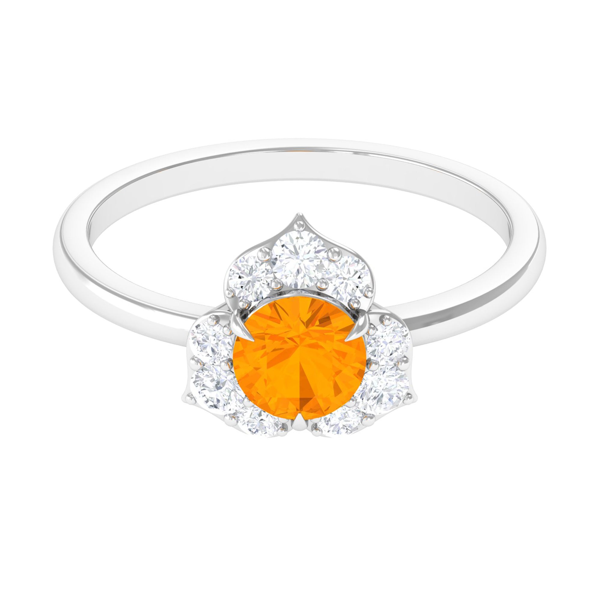 Rosec Jewels-Round Fire Opal Flower Engagement Ring with Diamond