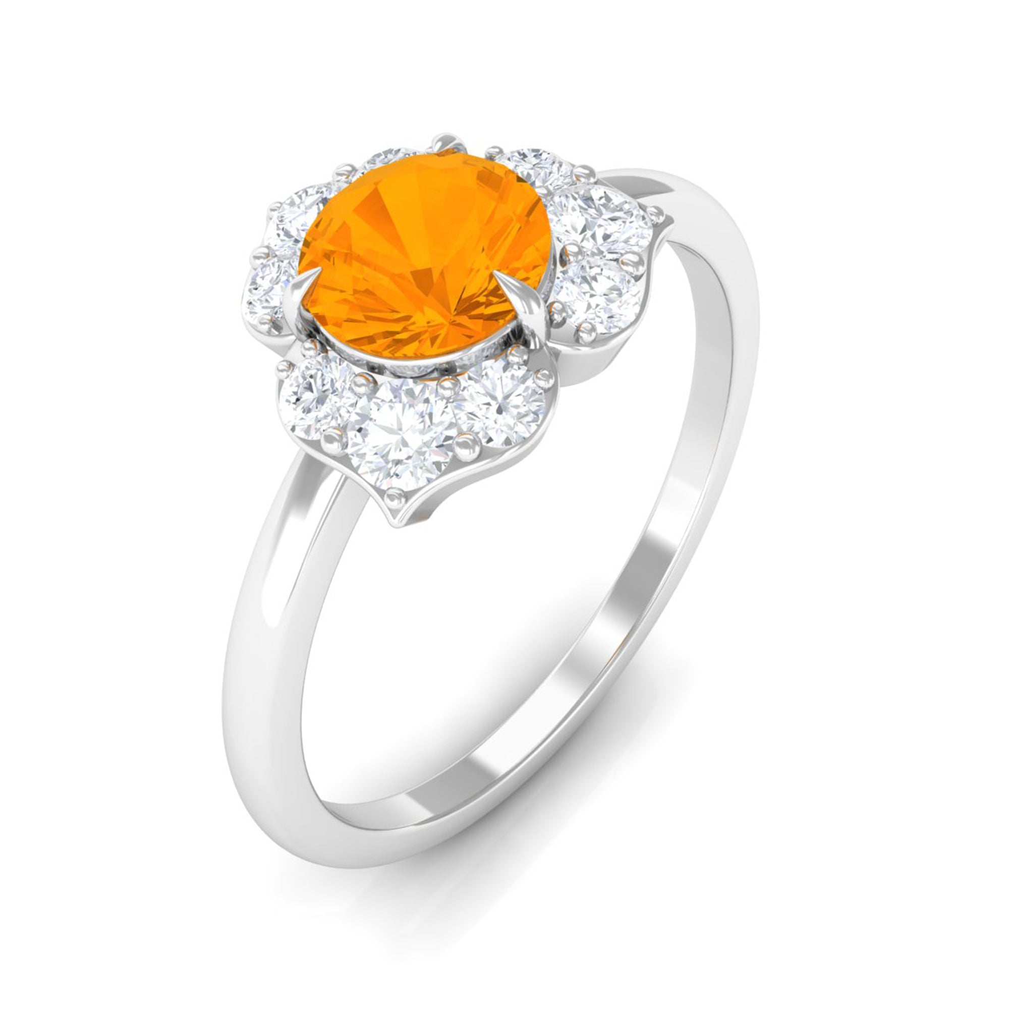 Rosec Jewels-Round Fire Opal Flower Engagement Ring with Diamond