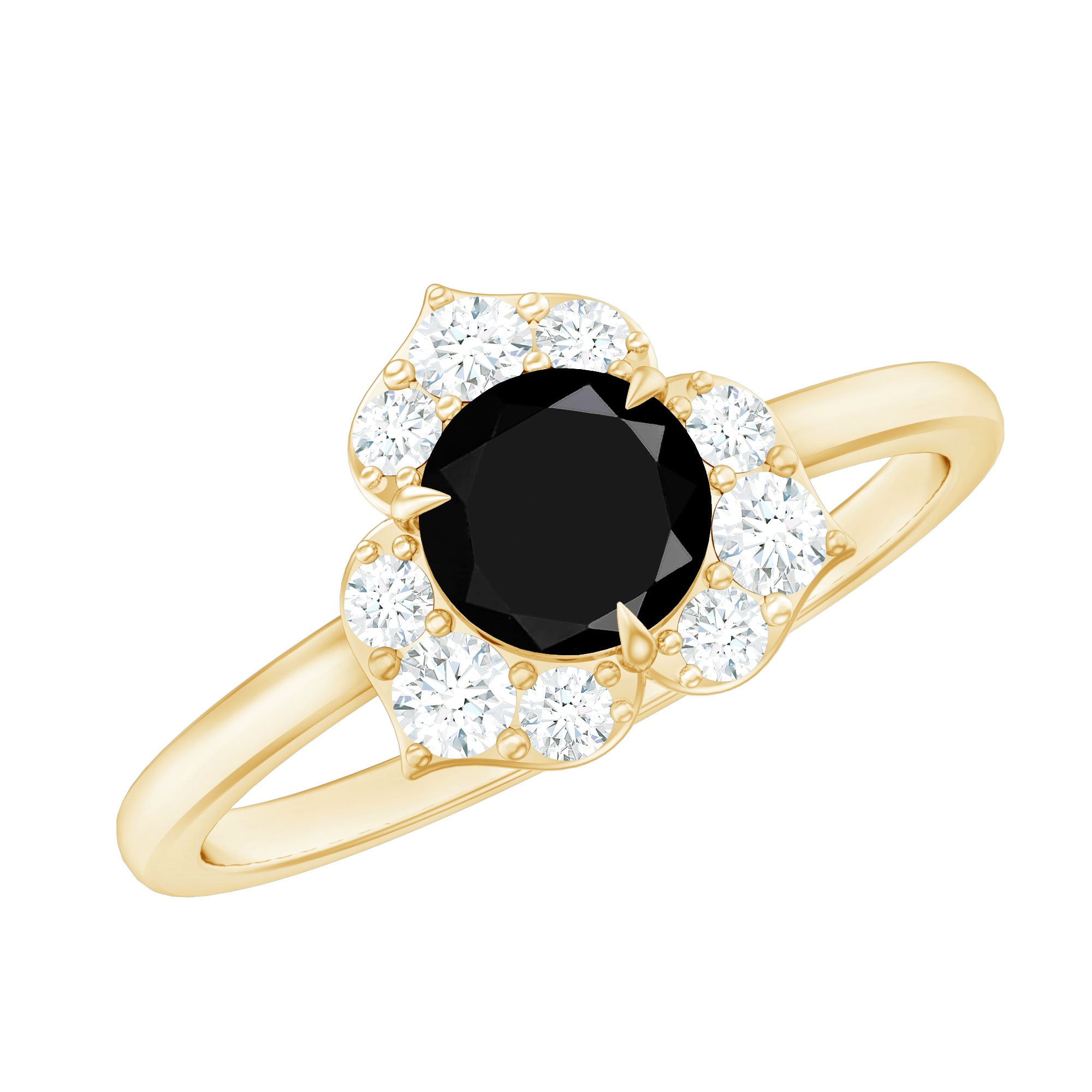 Natural Black Spinel Flower Engagement Ring with Diamond AAA - Rosec Jewels