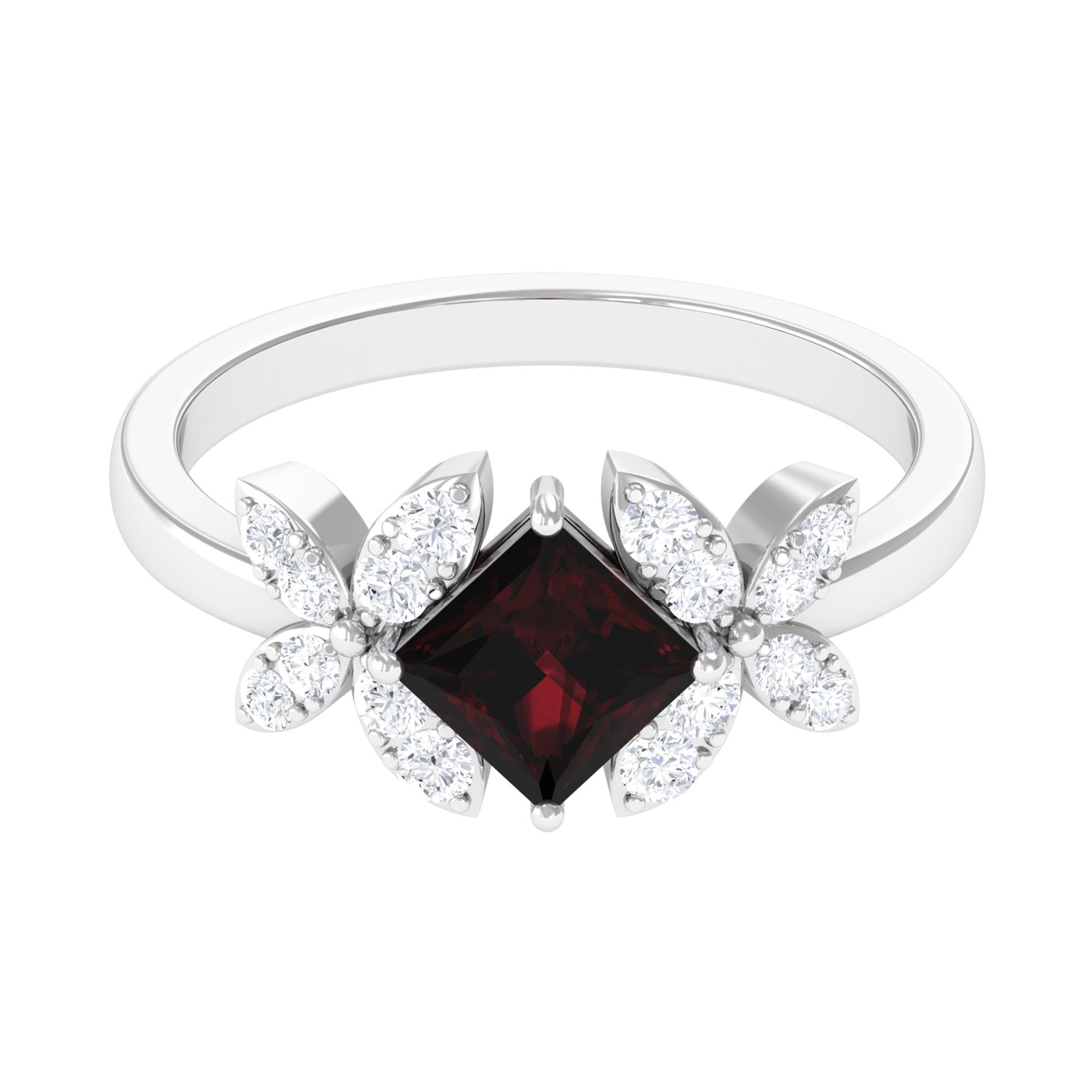 Natural 6mm Garnet Princess Cut Engagement Ring with Diamond Flower