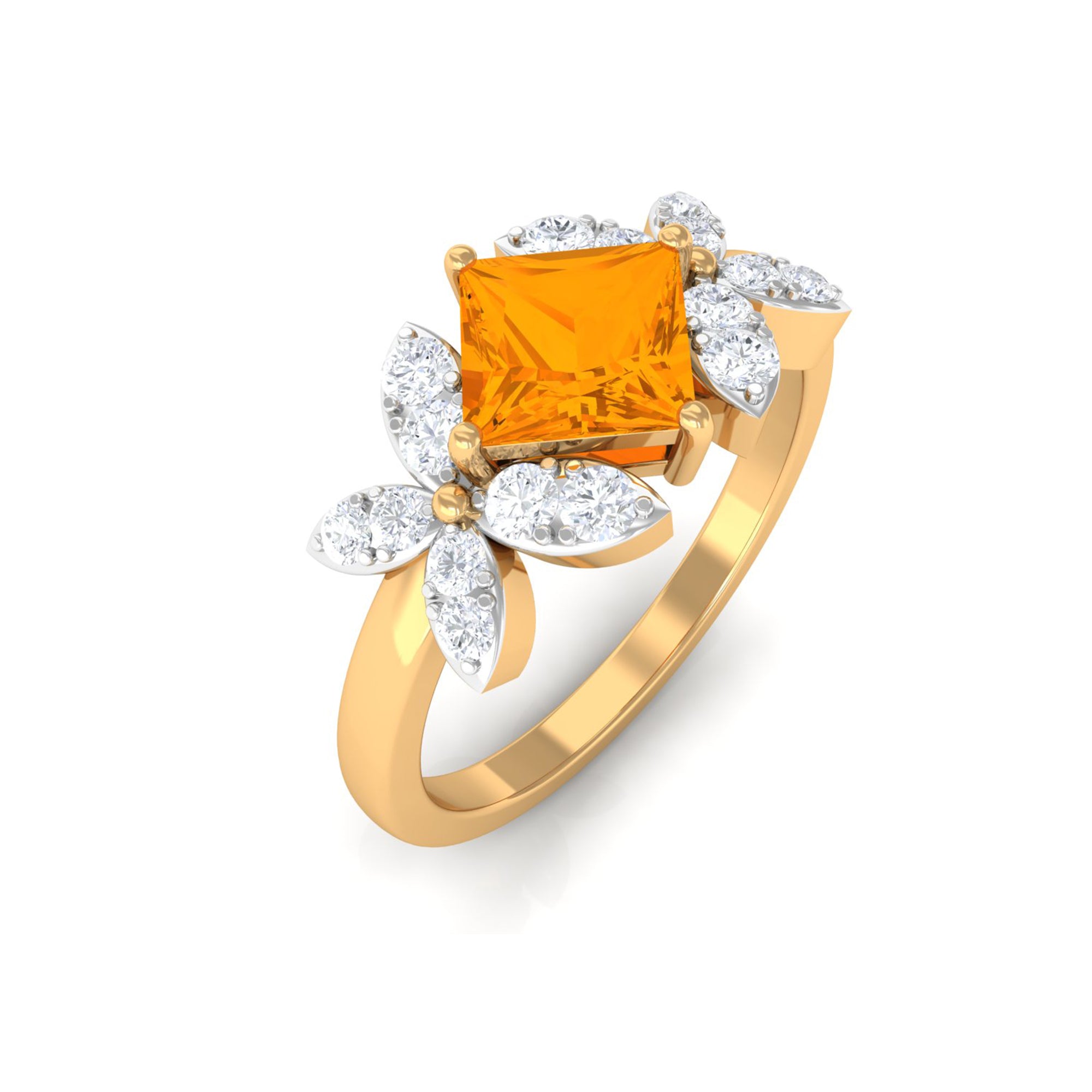 1.50 CT Princess Cut Fire Opal Flower Engagement Ring with Diamond AAA - Rosec Jewels