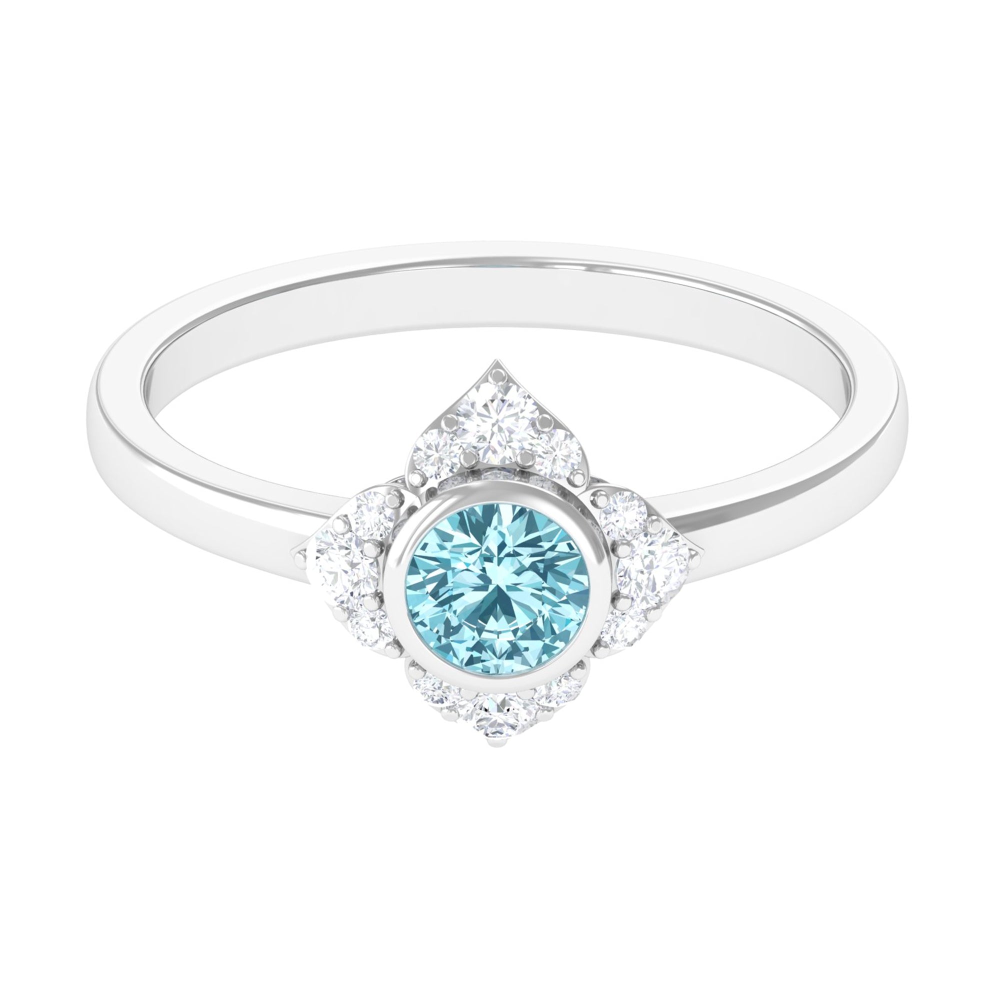 0.50 CT Bezel Set Aquamarine Flower Engagement Ring with Diamond