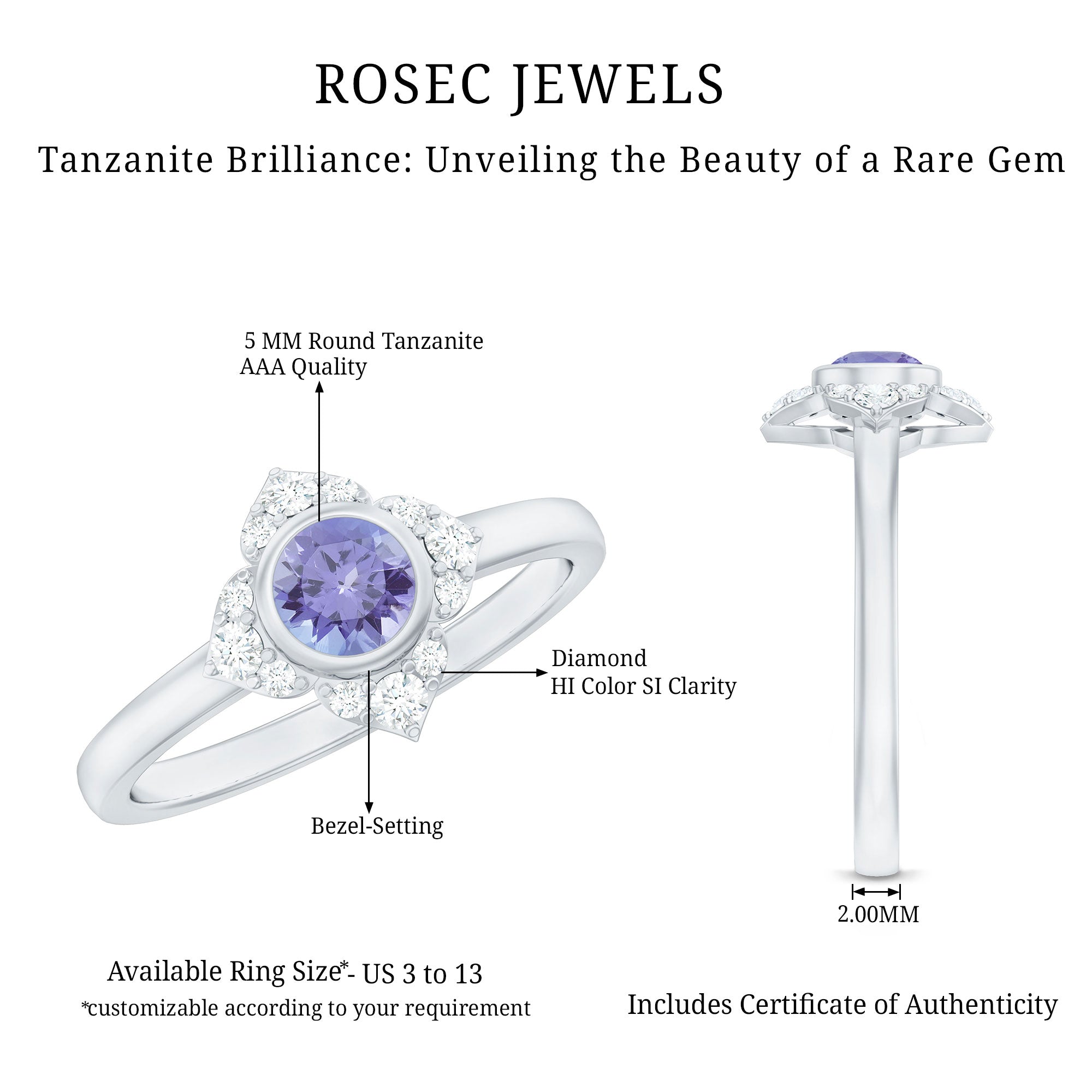 Certified Real Tanzanite Flower Engagement Ring with Diamond AAA - Rosec Jewels