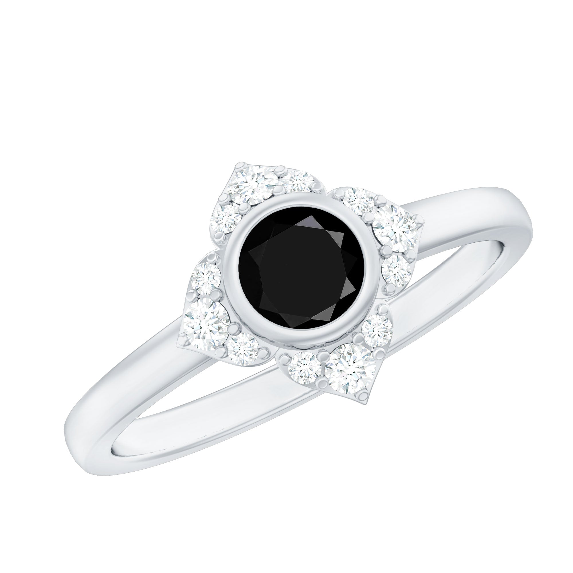 Real Bezel Set Black Spinel Flower Engagement Ring with Diamond AAA - Rosec Jewels