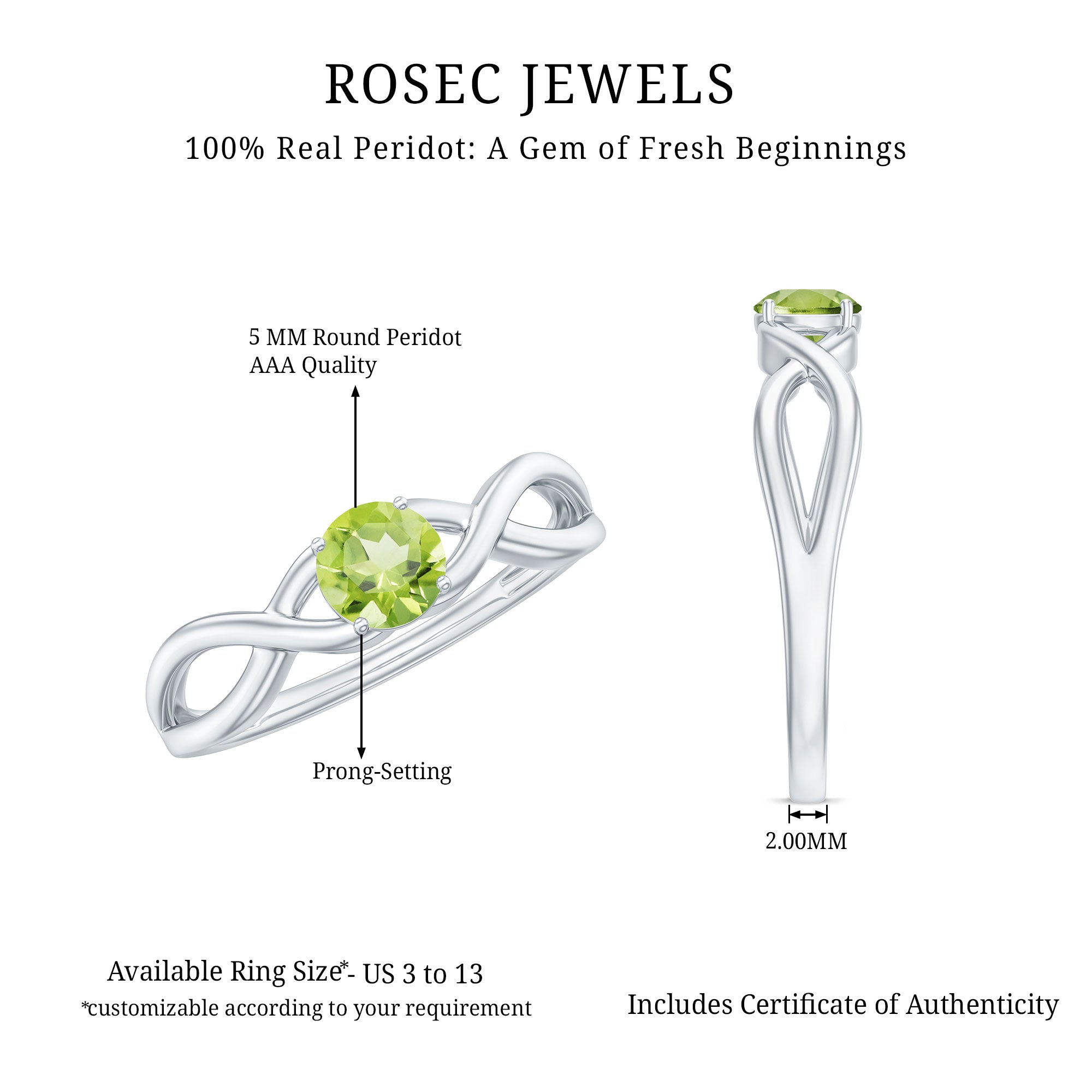 Rosec Jewels-Natural Half Carat Peridot Promise Ring with Crossover Shank