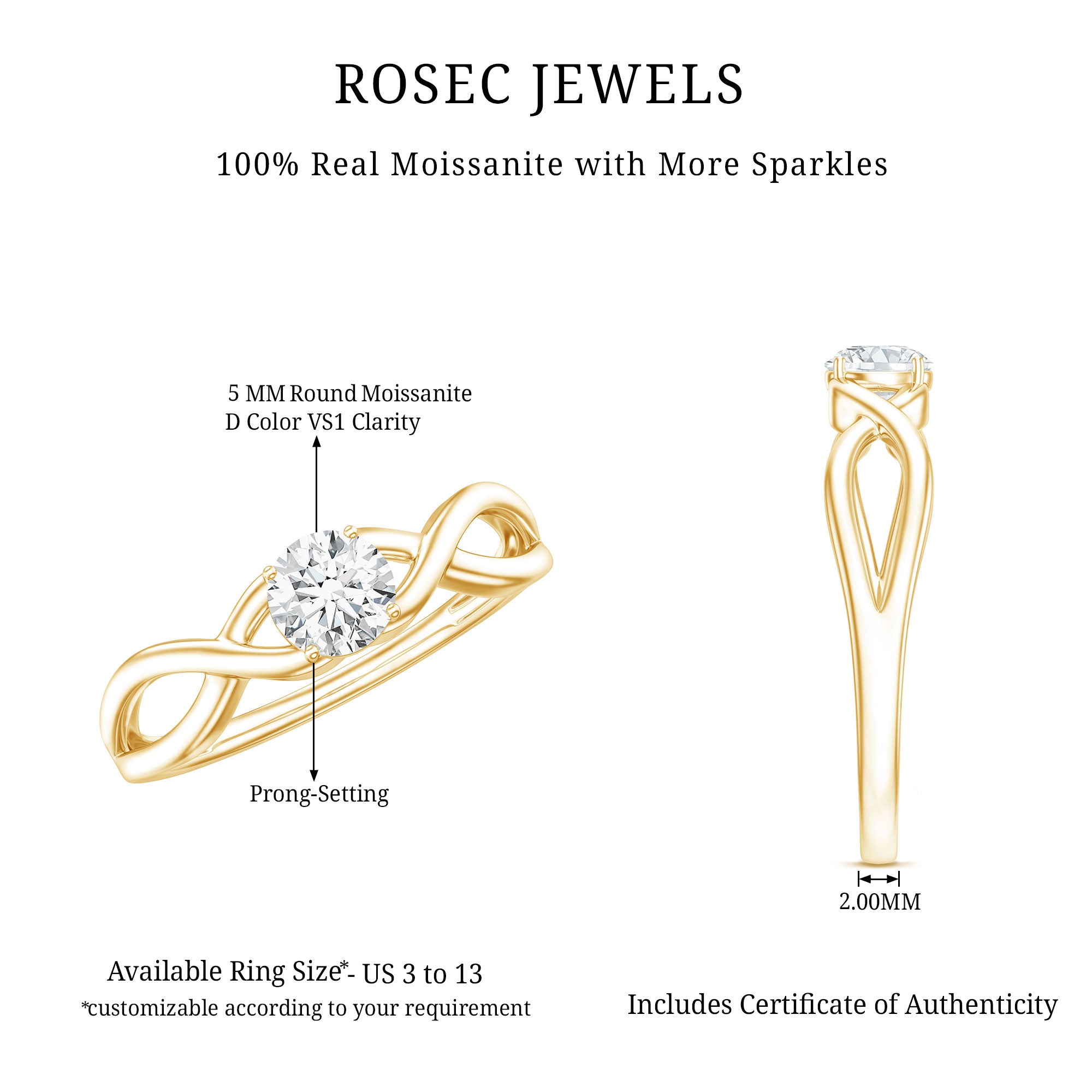 Round Moissanite Solitaire Promise Ring with Infinity Band D-VS1 - Rosec Jewels