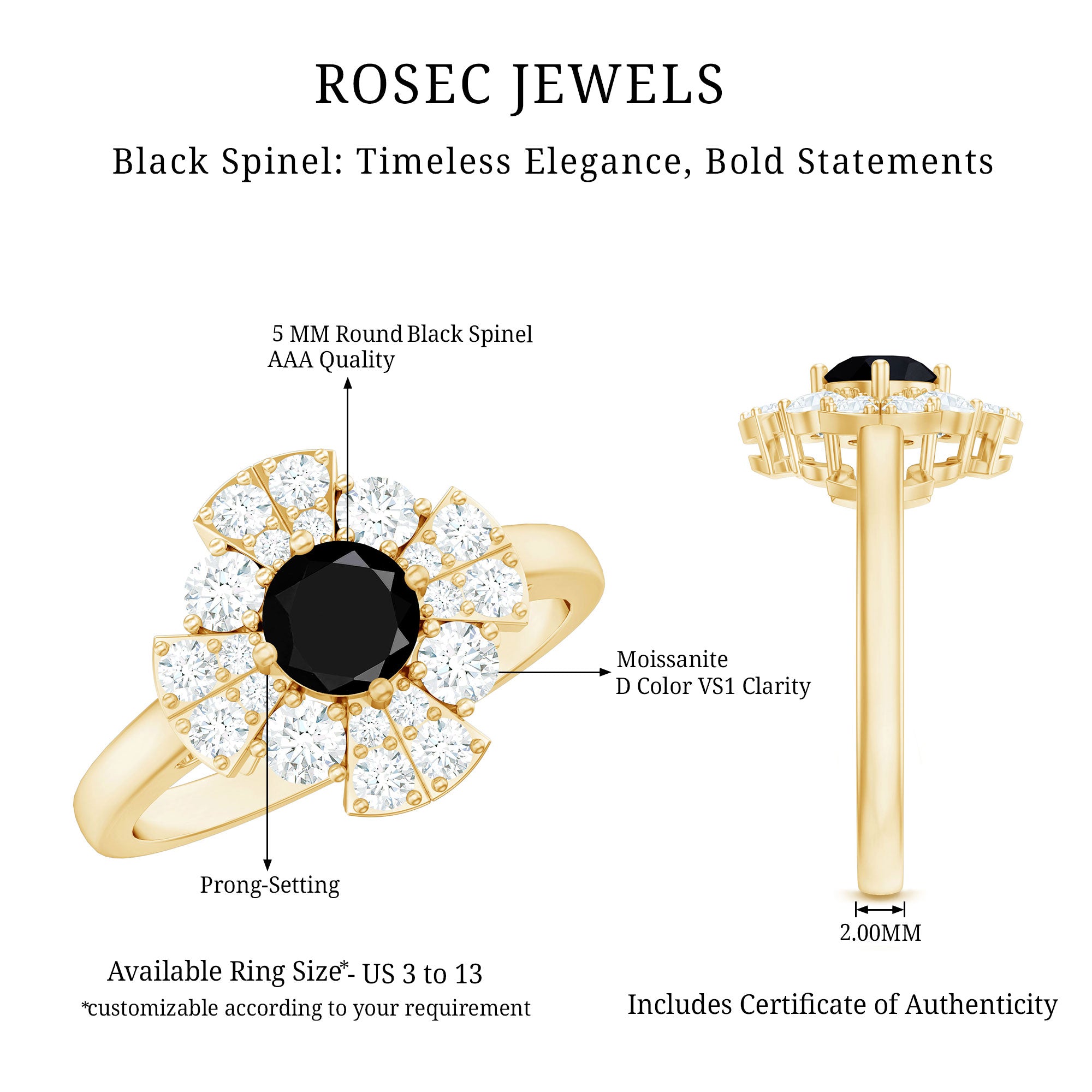 Natural Black Spinel Flower Engagement Ring with Moissanite AAA - Rosec Jewels