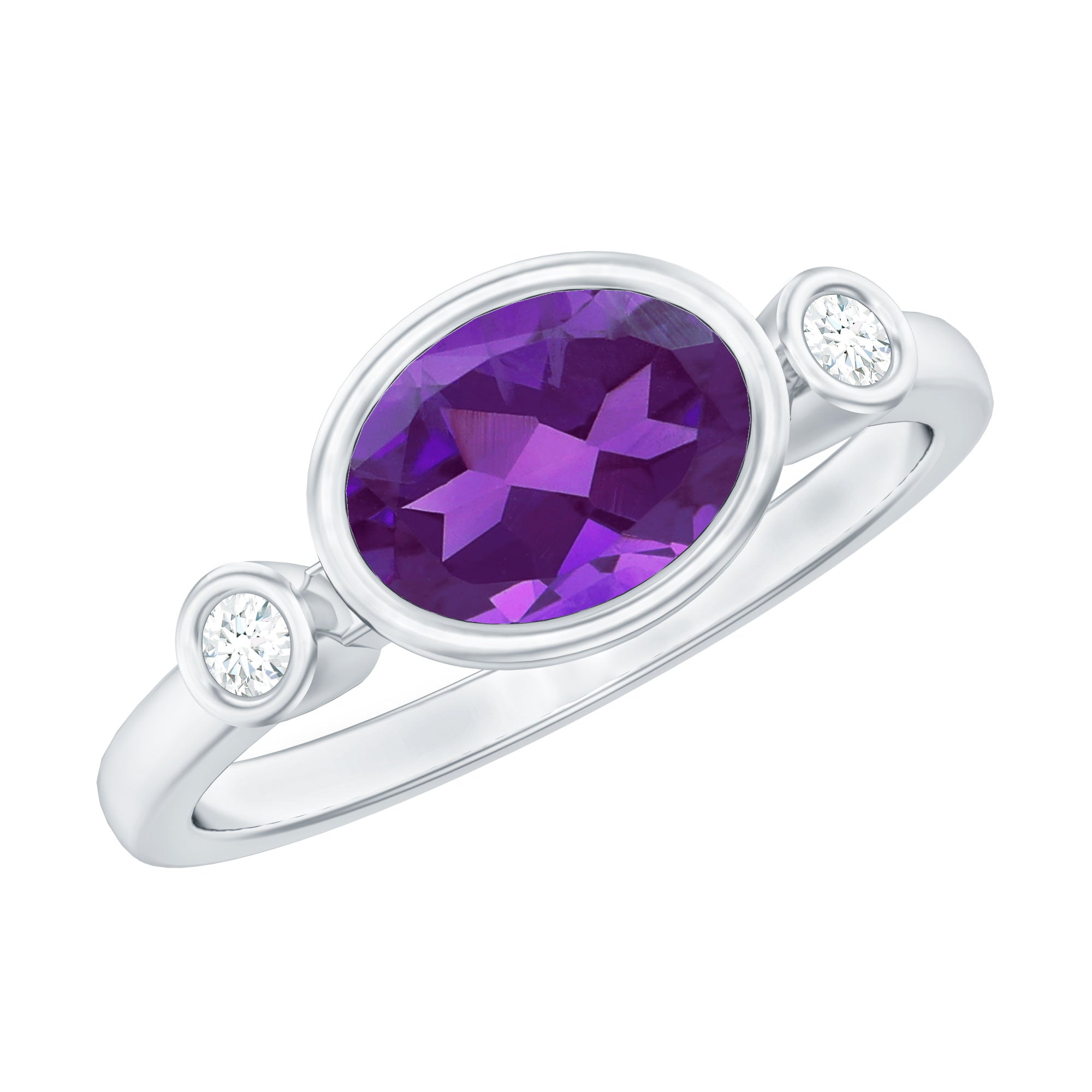 Bezel Set Oval Amethyst Solitaire East West Ring with Diamond