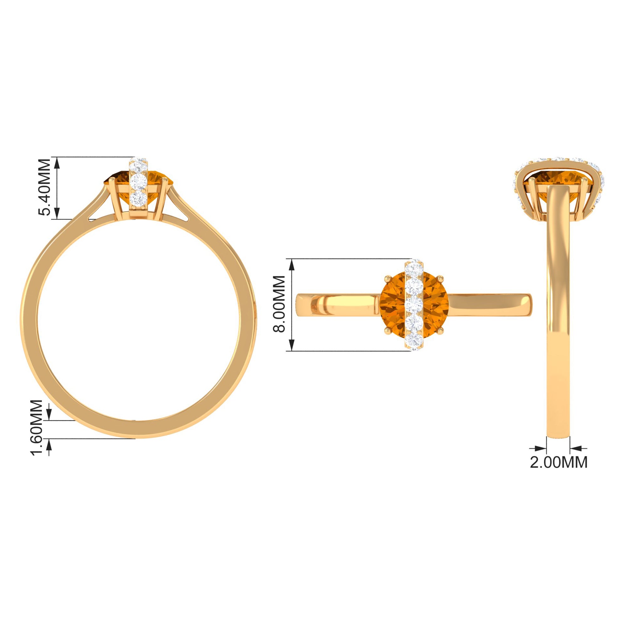 0.75 CT Designer Round Shape Citrine Ring with Diamond Stones AAA - Rosec Jewels