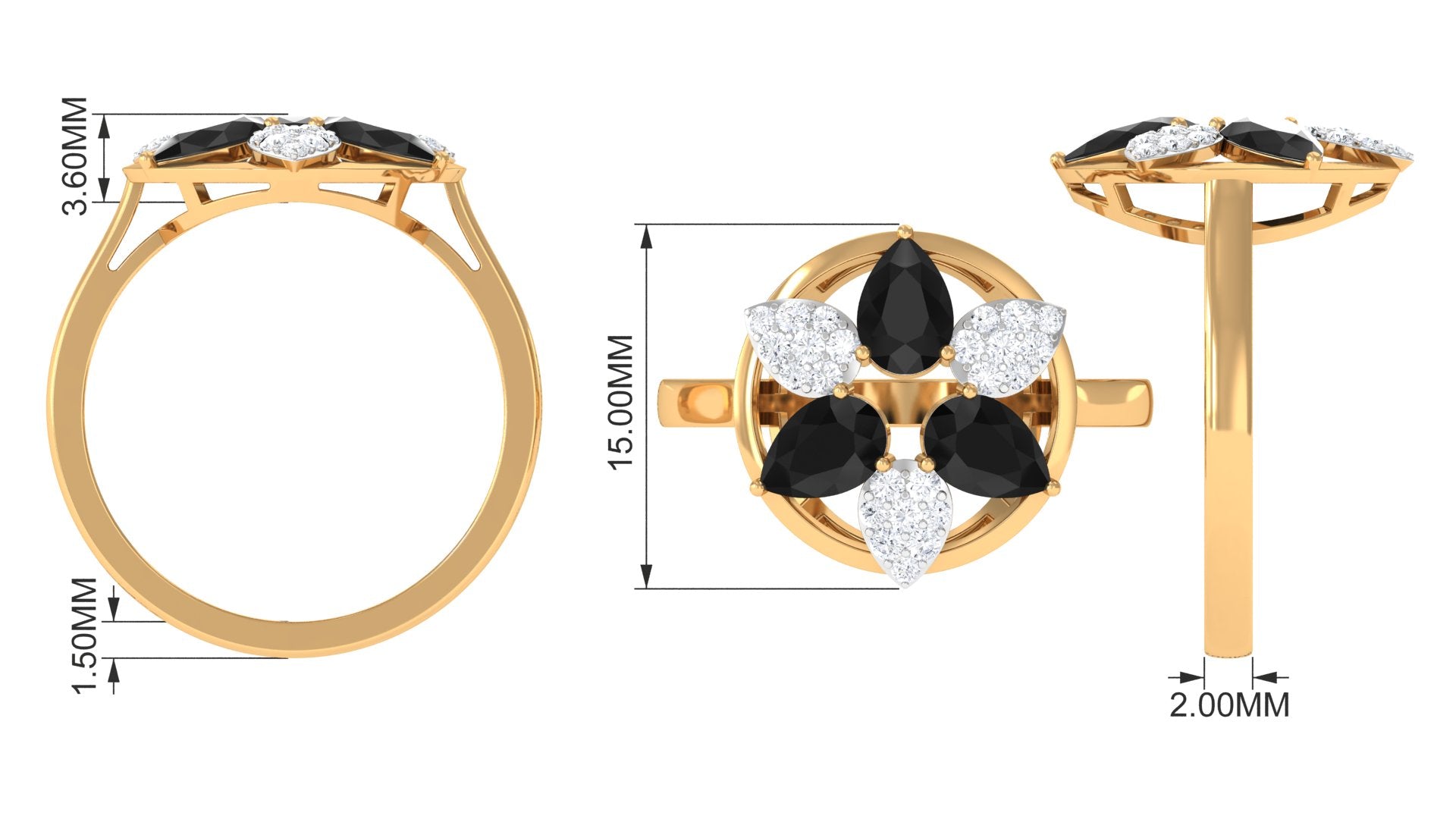 1.25 CT Black Spinel and Diamond Flower Cocktail Ring AAA - Rosec Jewels