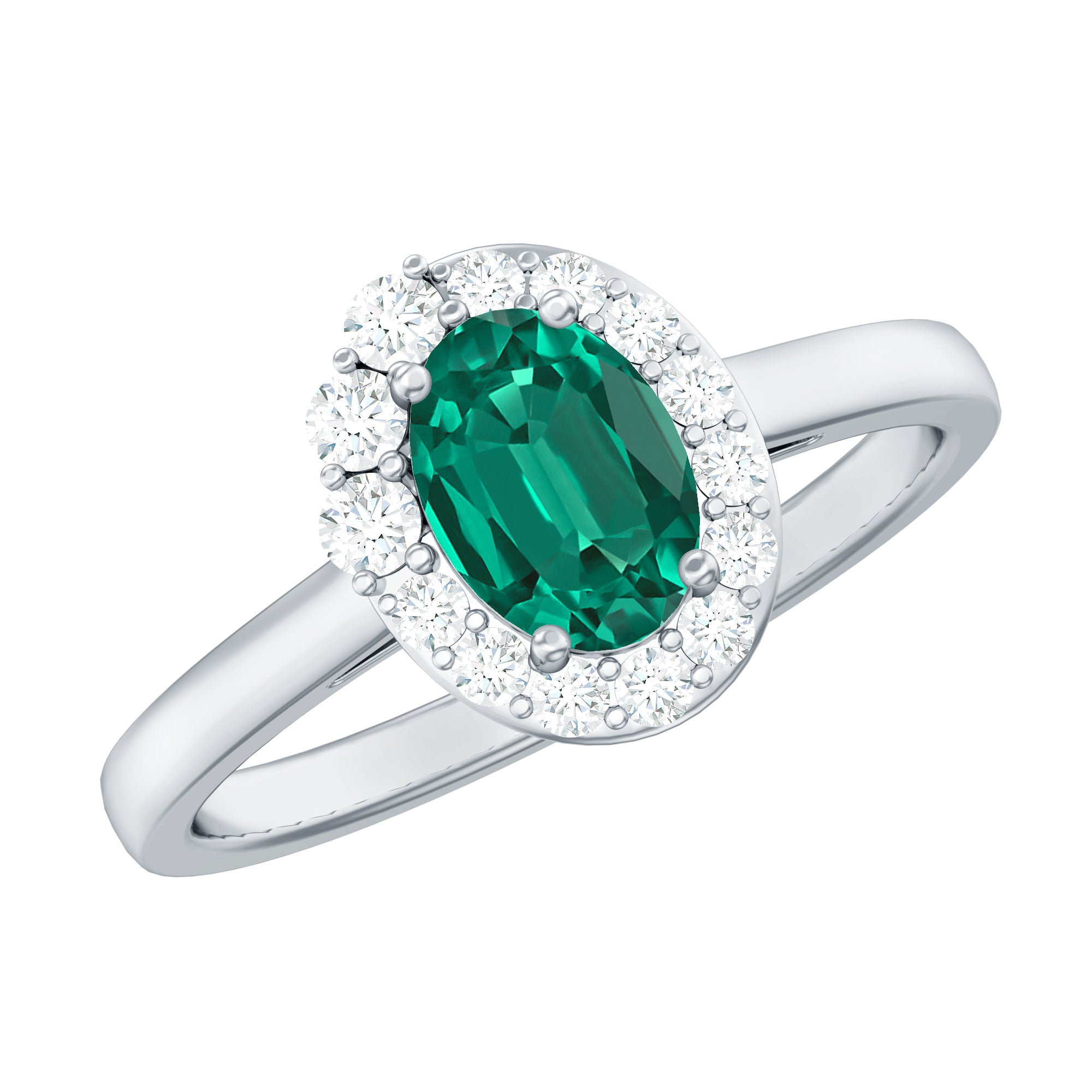 Classic 5X7 mm Oval Lab Grown Emerald Engagement Ring with Diamond Halo