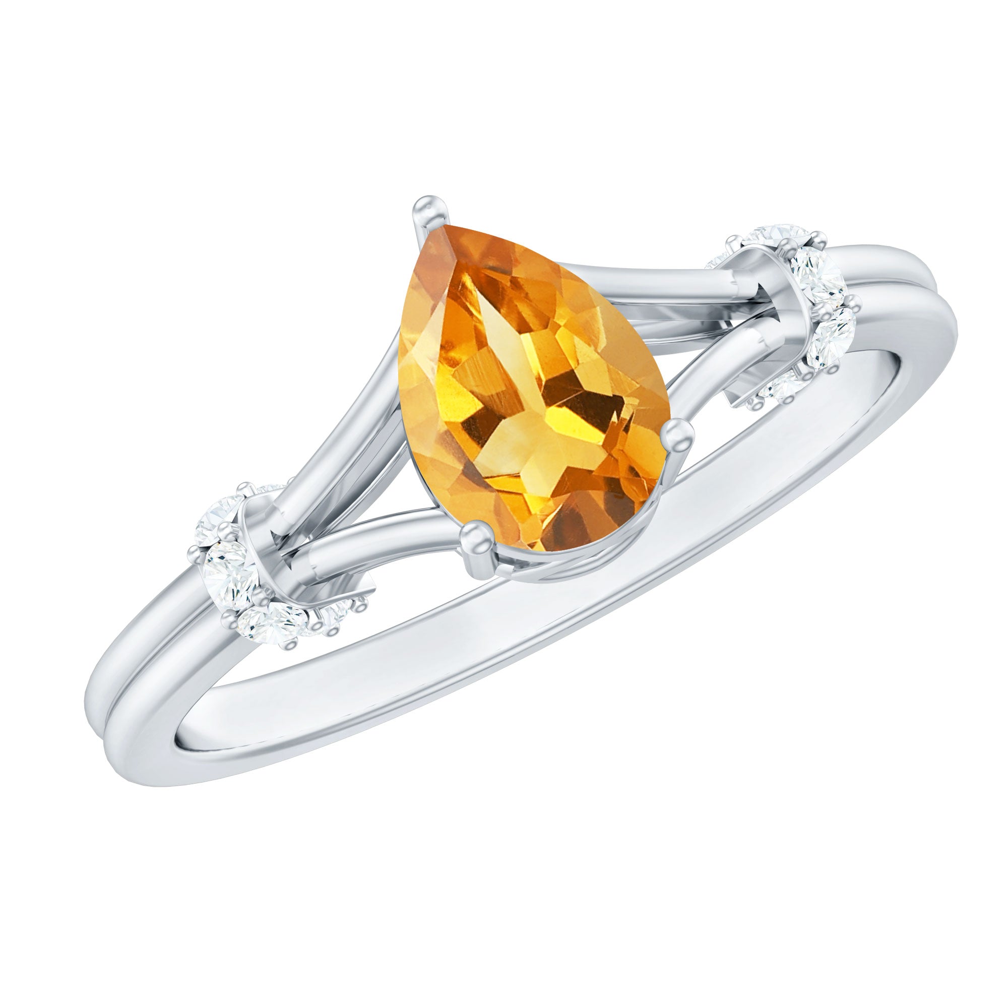 Pear Shape Citrine and Diamond Solitaire Ring in Split Shank