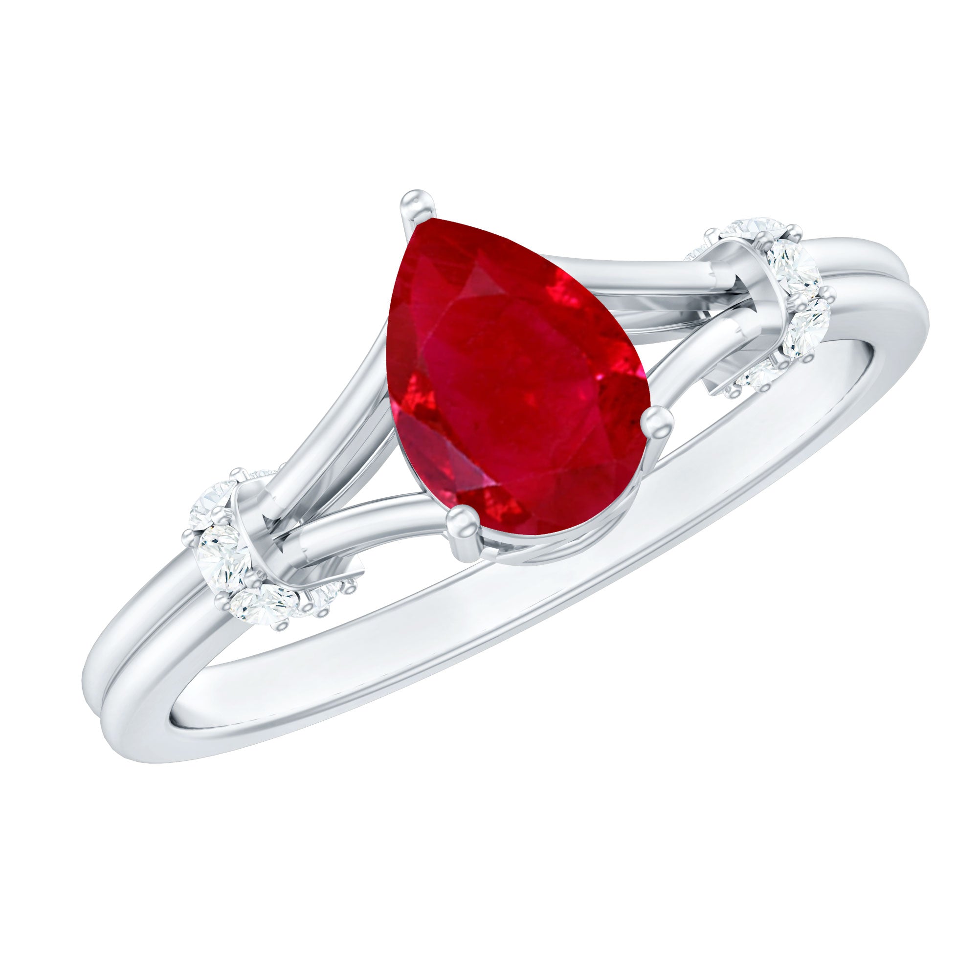 Pear Ruby Solitaire Ring with Diamond in Split Shank