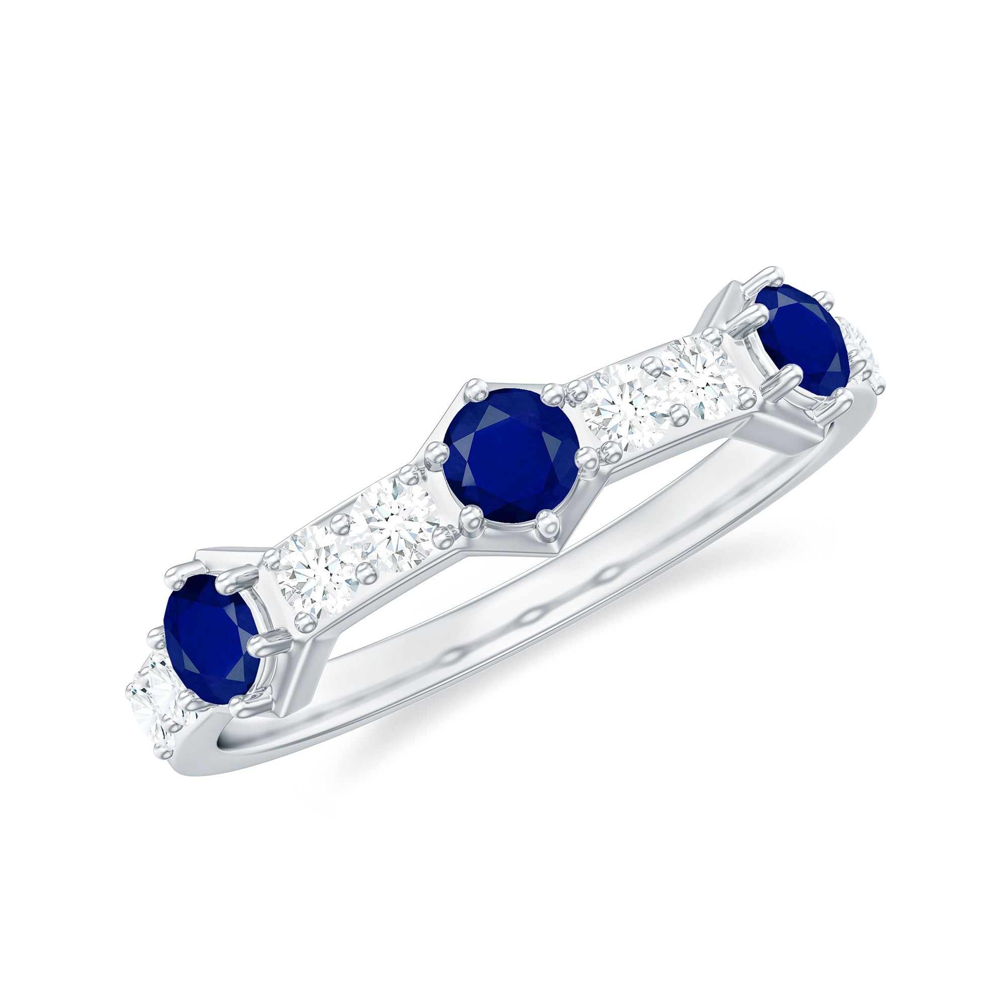Real Blue Sapphire Half Eternity Ring with Diamond AAA - Rosec Jewels
