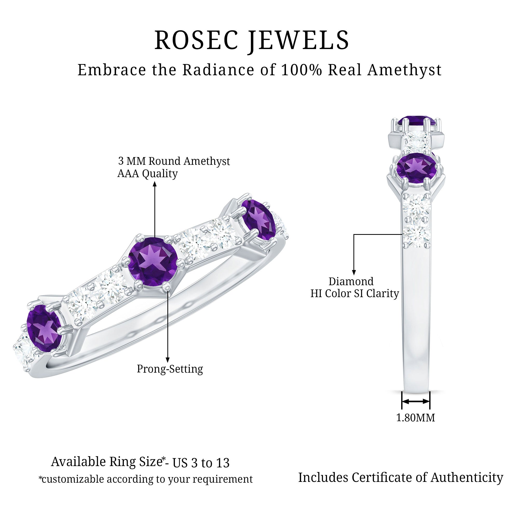 Natural Amethyst Half Eternity Ring with Diamond AAA - Rosec Jewels