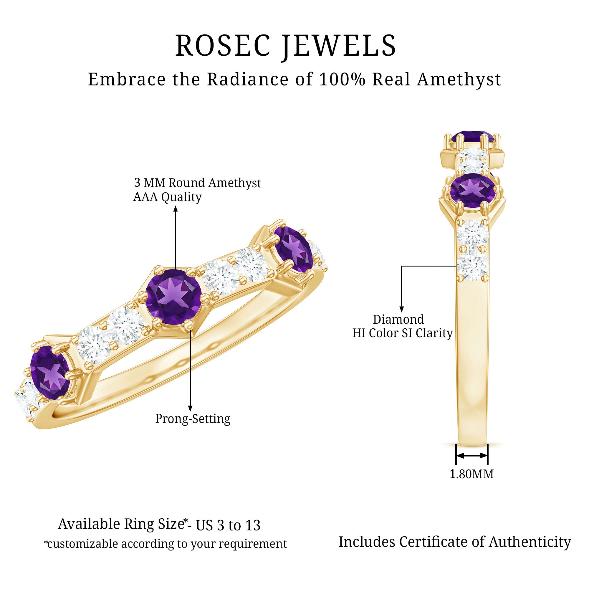 Natural Amethyst Half Eternity Ring with Diamond AAA - Rosec Jewels