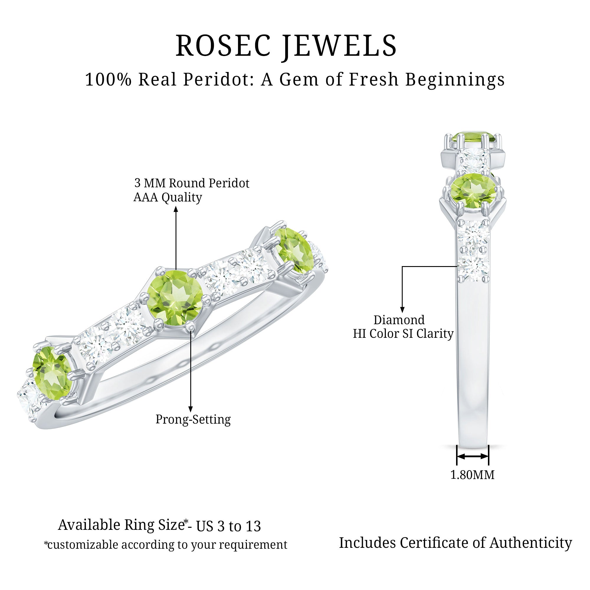 Natural Peridot Diamond Half Eternity Ring for Anniversary AAA - Rosec Jewels