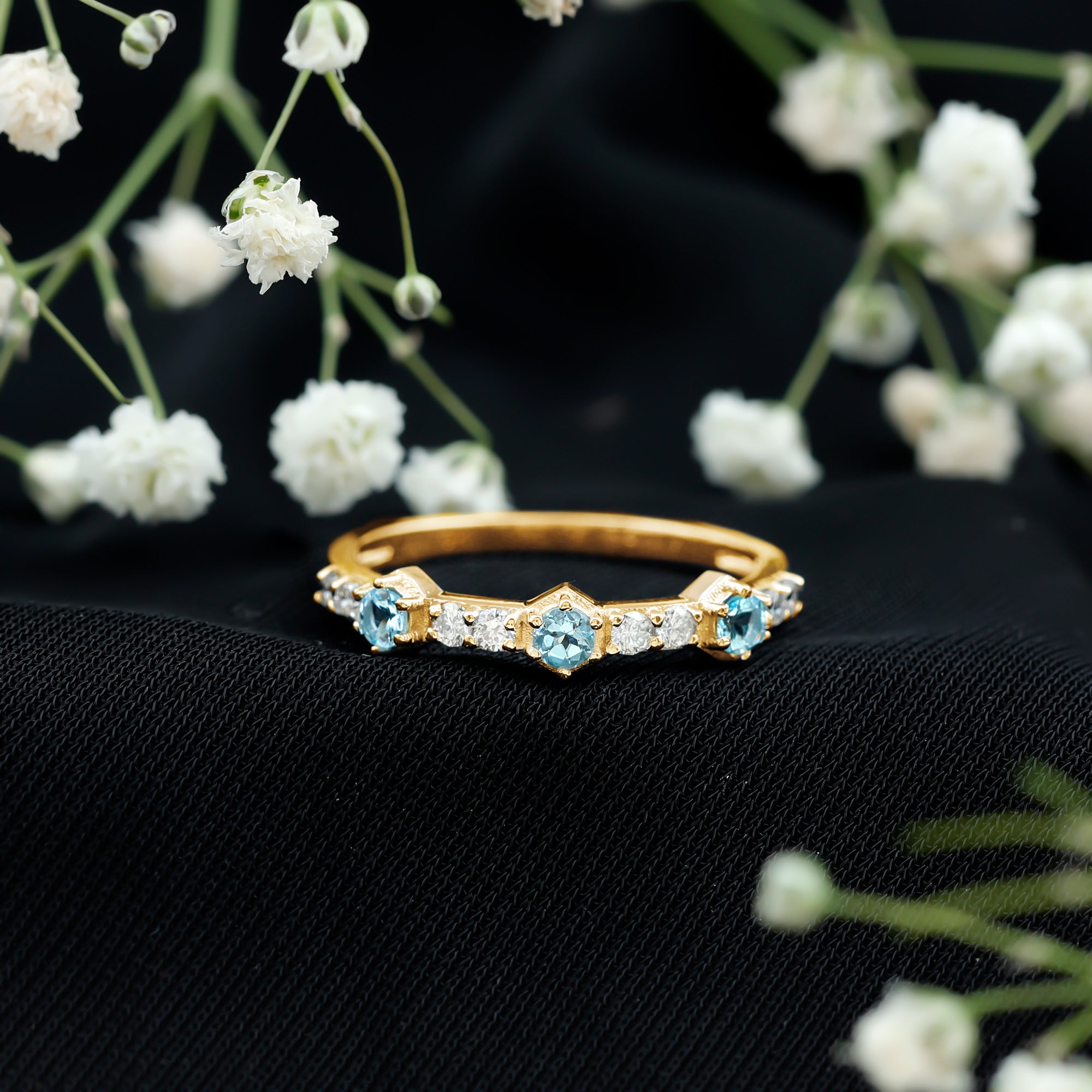 Real Aquamarine and Diamond Half Eternity Ring AAA - Rosec Jewels