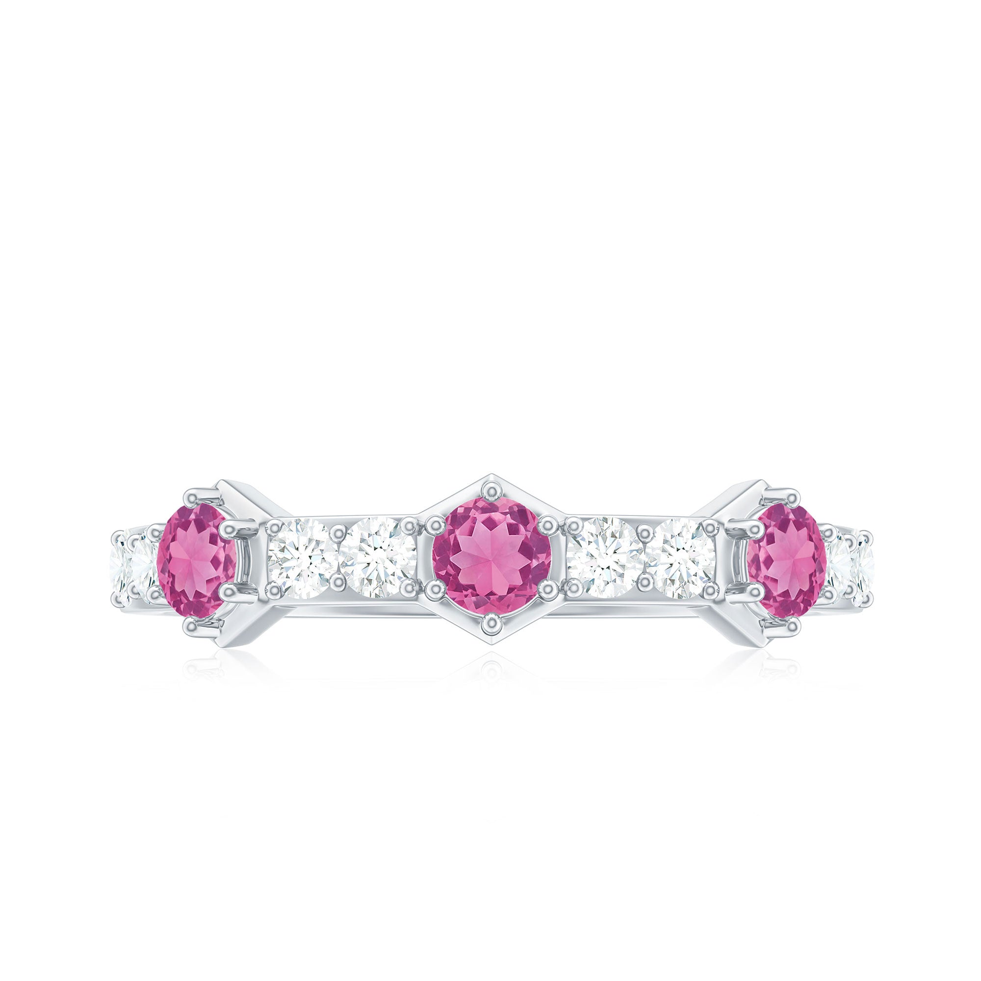 Minimal Half Eternity Ring with Pink Tourmaline and Diamond AAA - Rosec Jewels
