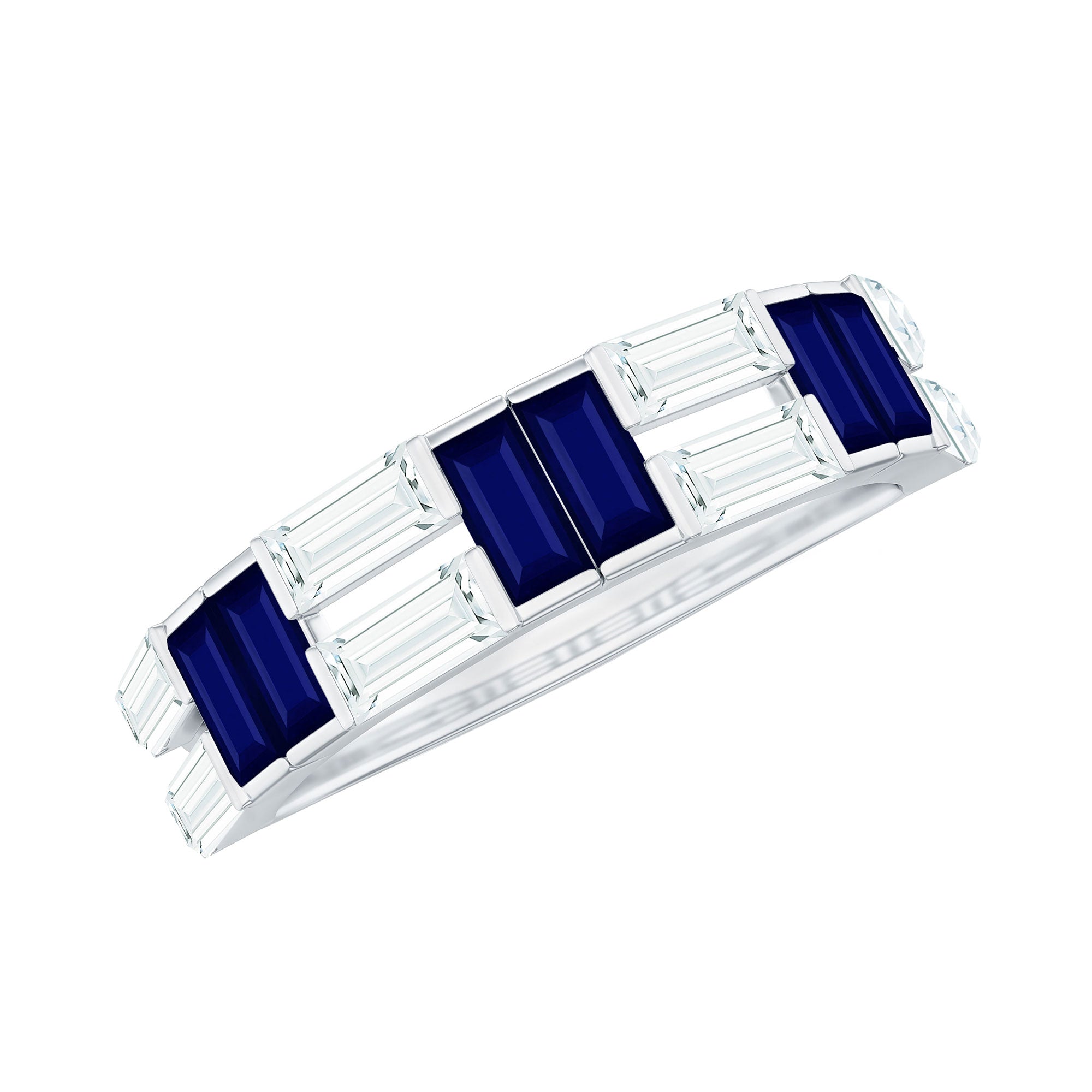 Baguette Cut Blue Sapphire and Moissanite Half Eternity Ring