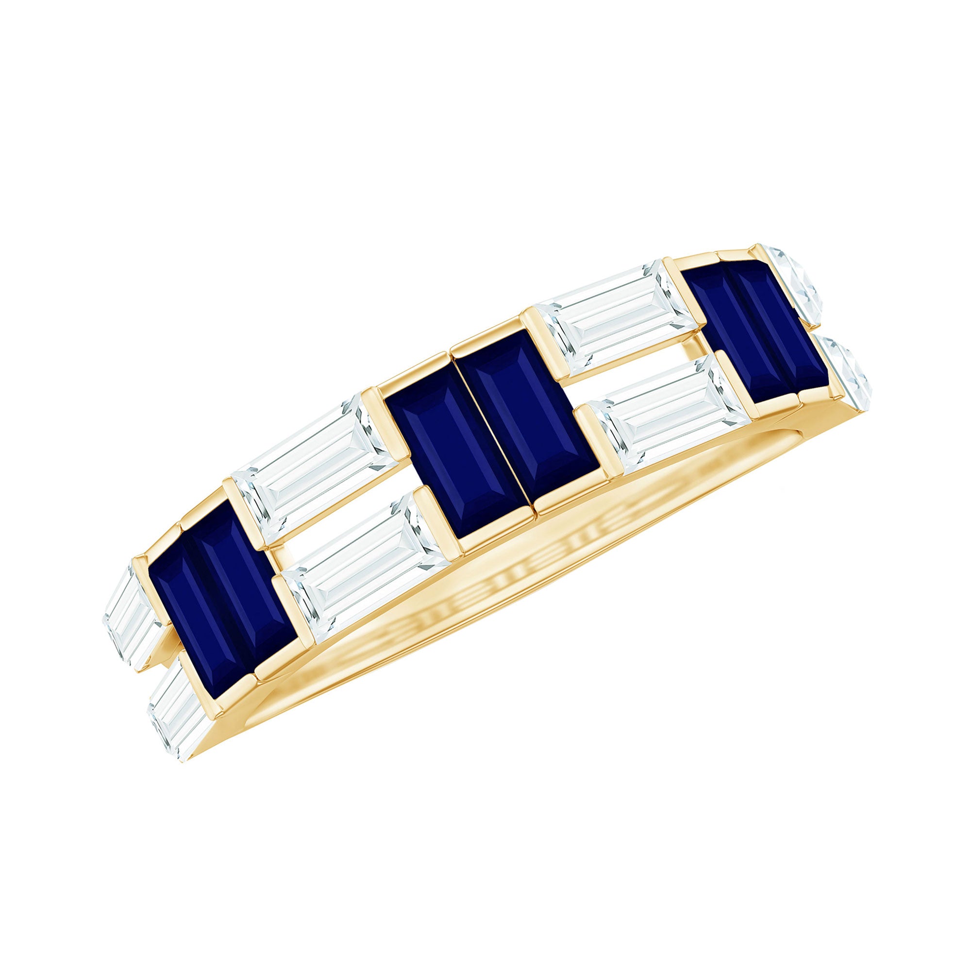Certified Real Baguette Blue Sapphire Half Eternity Band Ring with Moissanite AAA - Rosec Jewels