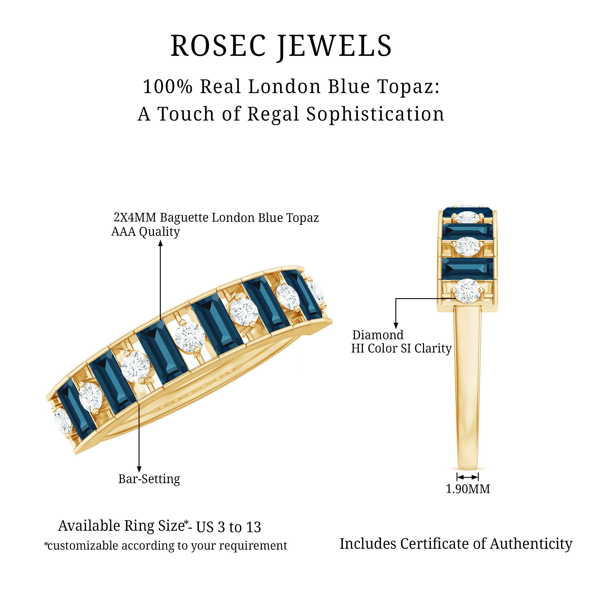 Baguette London Blue Topaz Eternity Anniversary Band with Diamond AAA - Rosec Jewels