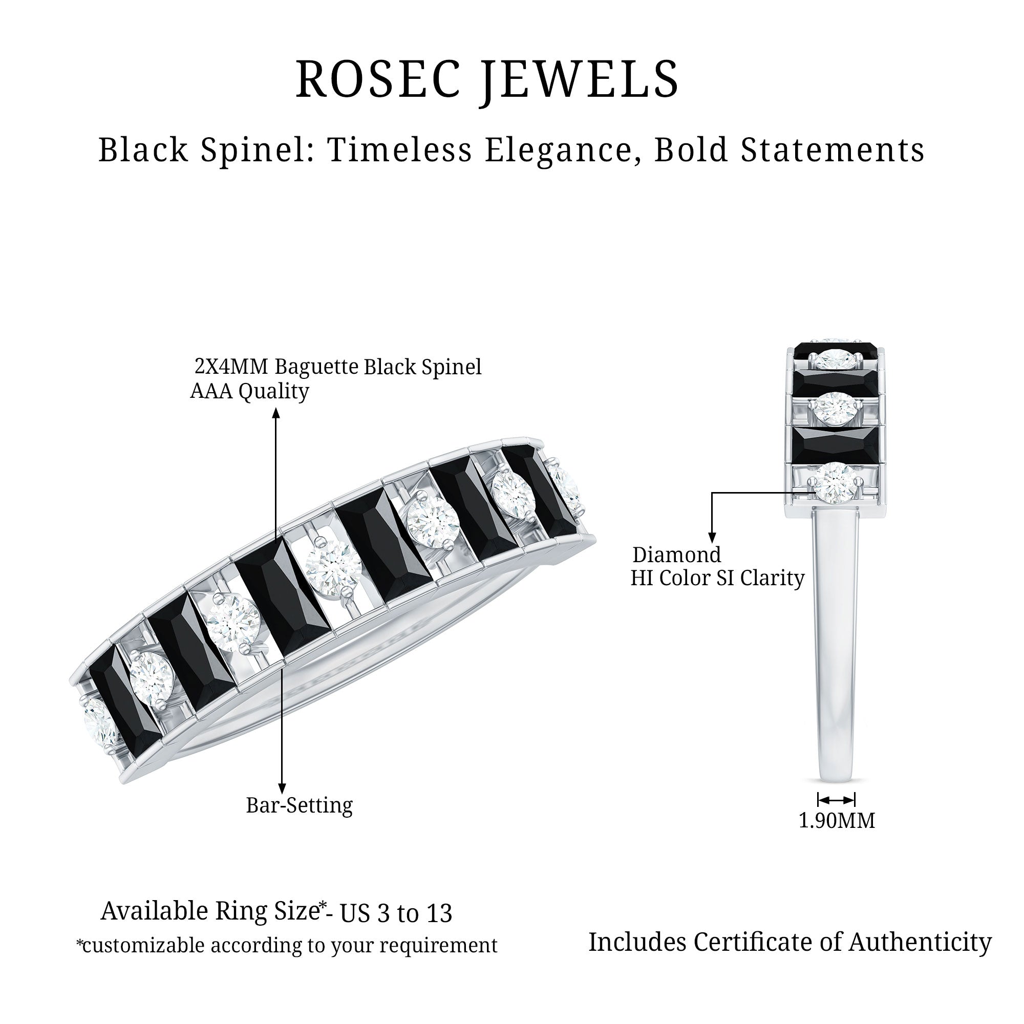 Natural Baguette Black Spinel Half Eternity Ring with Diamond AAA - Rosec Jewels