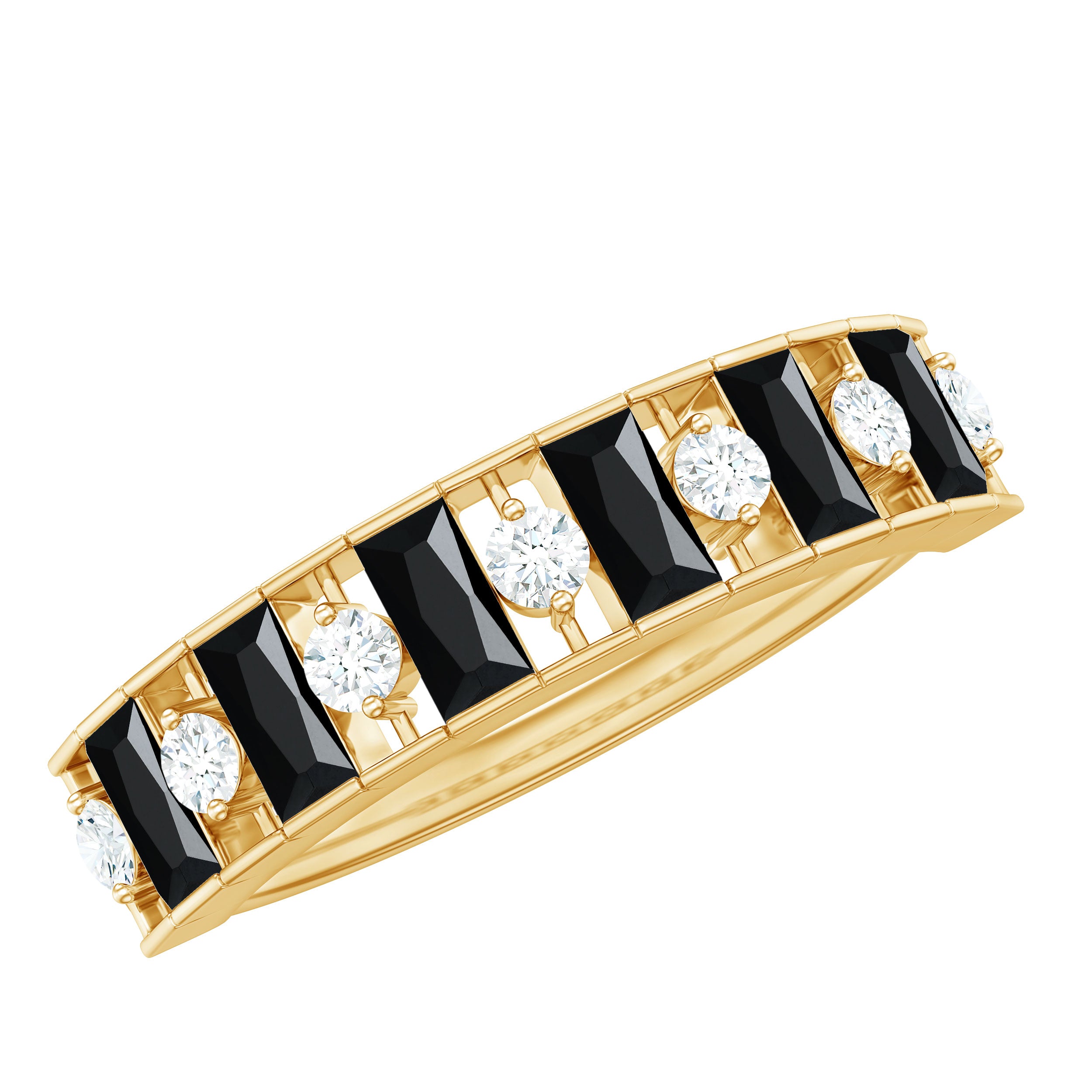 Natural Baguette Black Spinel Half Eternity Ring with Diamond AAA - Rosec Jewels