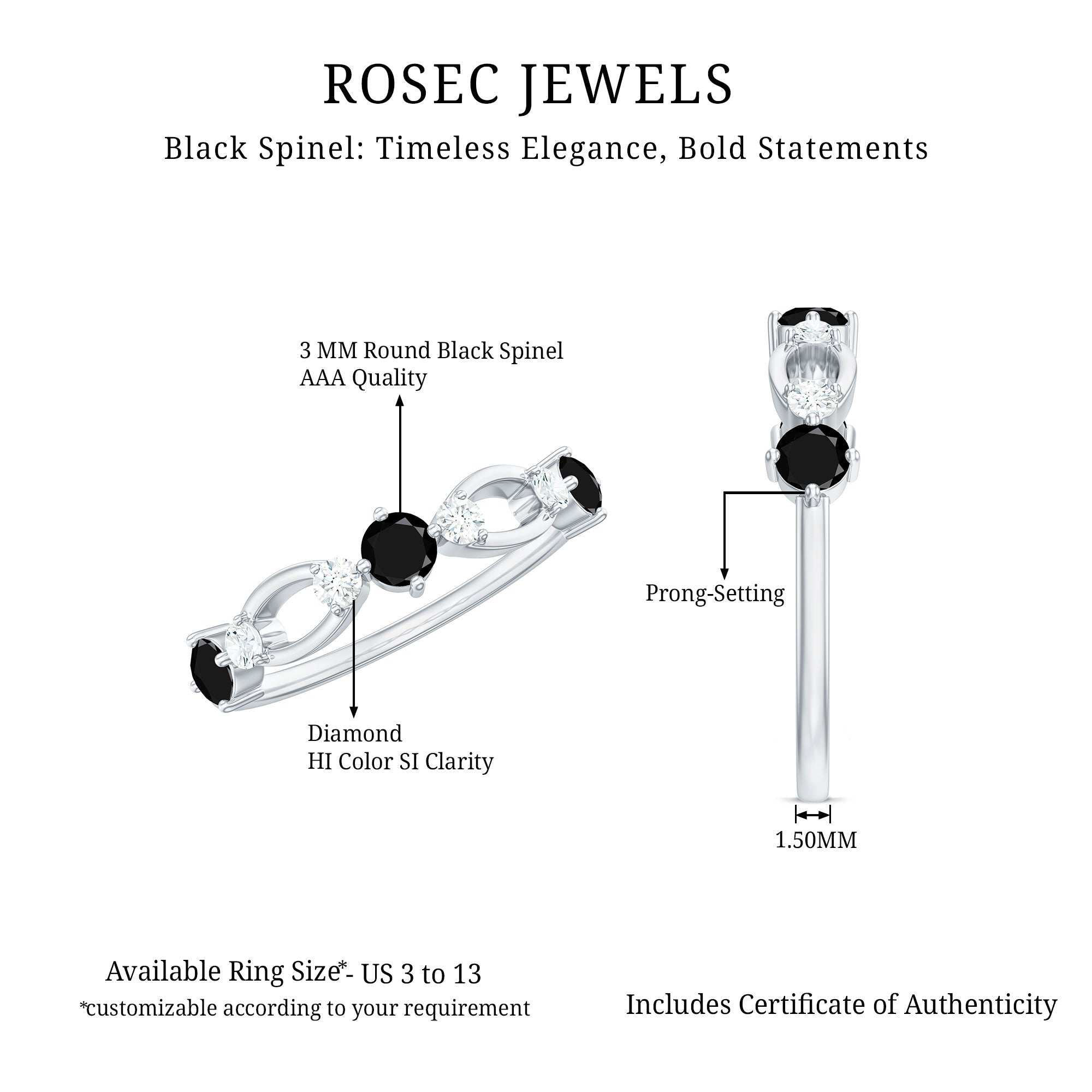 Certified Real Black Spinel Diamond Promise Ring for Her AAA - Rosec Jewels