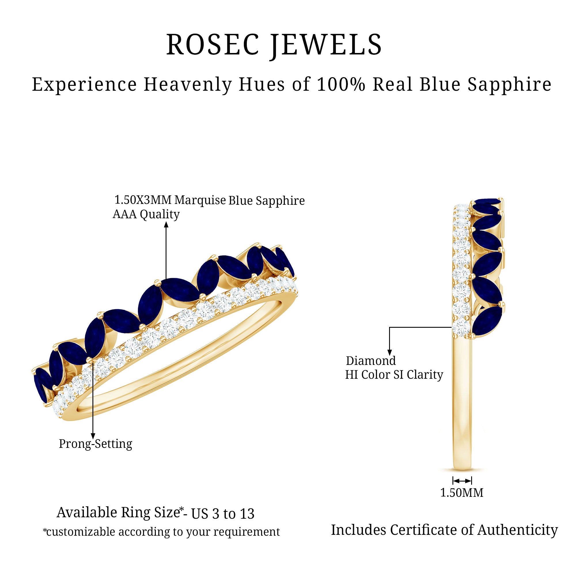 Real Marquise Blue Sapphire Half Eternity Ring with Diamond AAA - Rosec Jewels