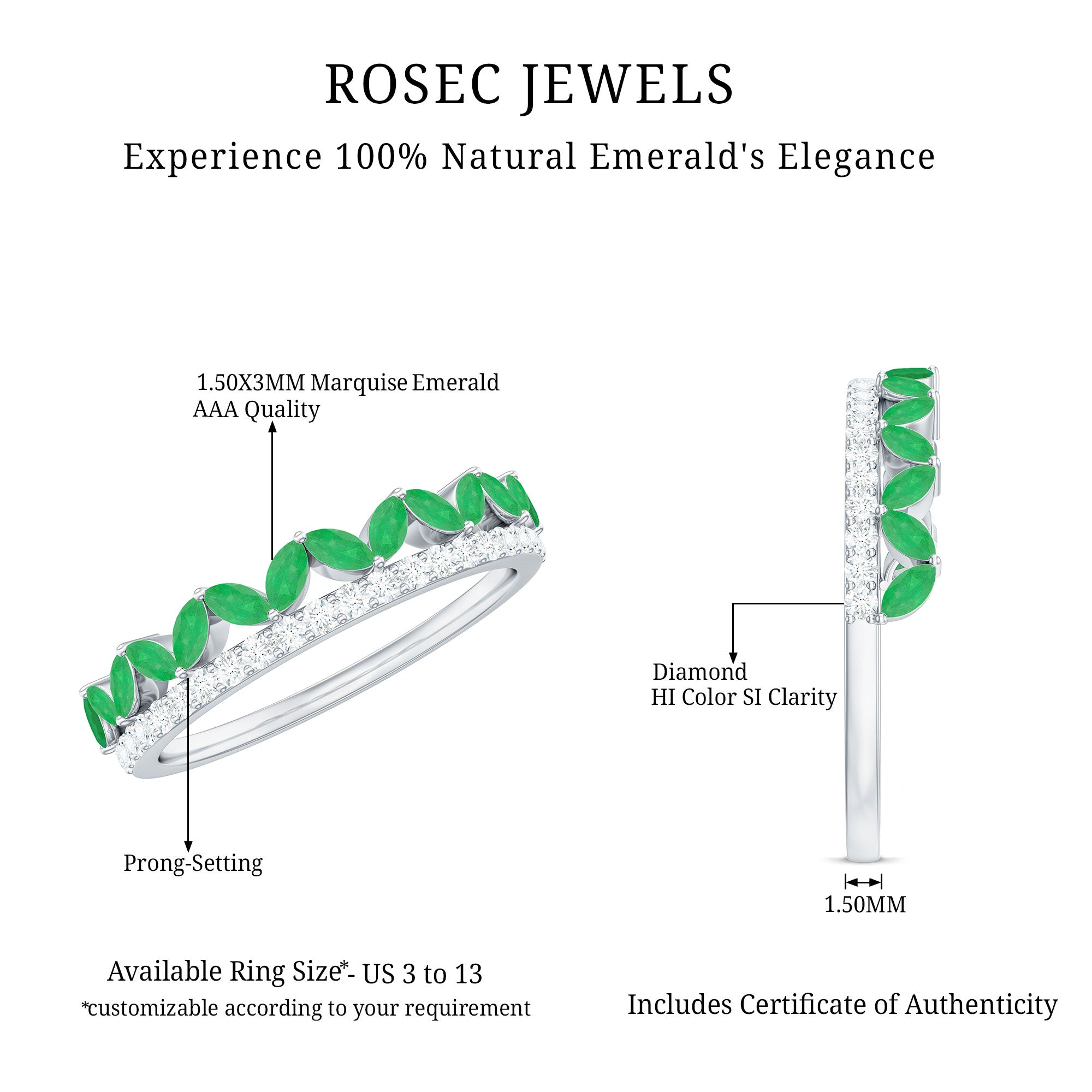 Real Marquise Emerald Half Eternity Wedding Band with Diamond AAA - Rosec Jewels