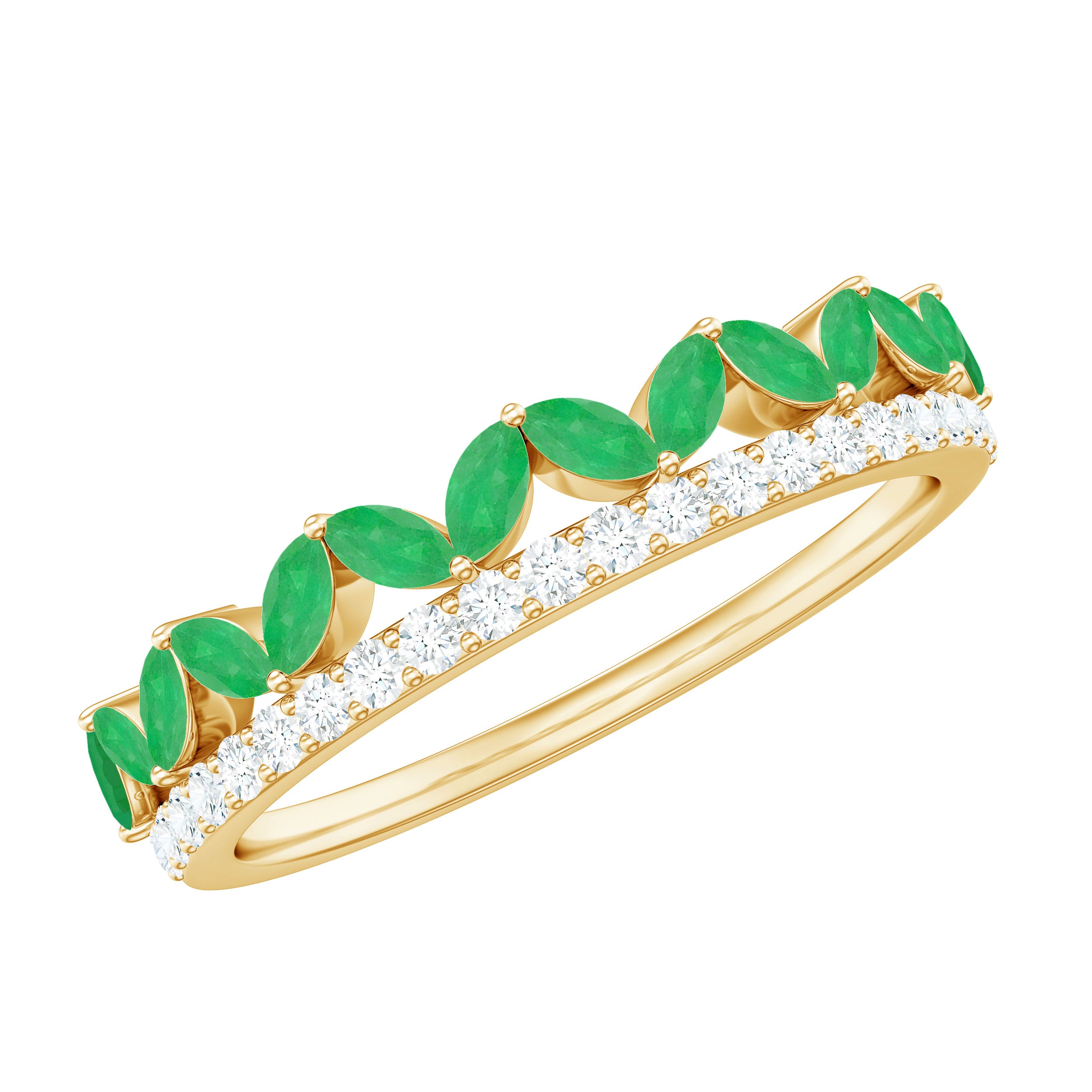 Real Marquise Emerald Half Eternity Wedding Band with Diamond AAA - Rosec Jewels
